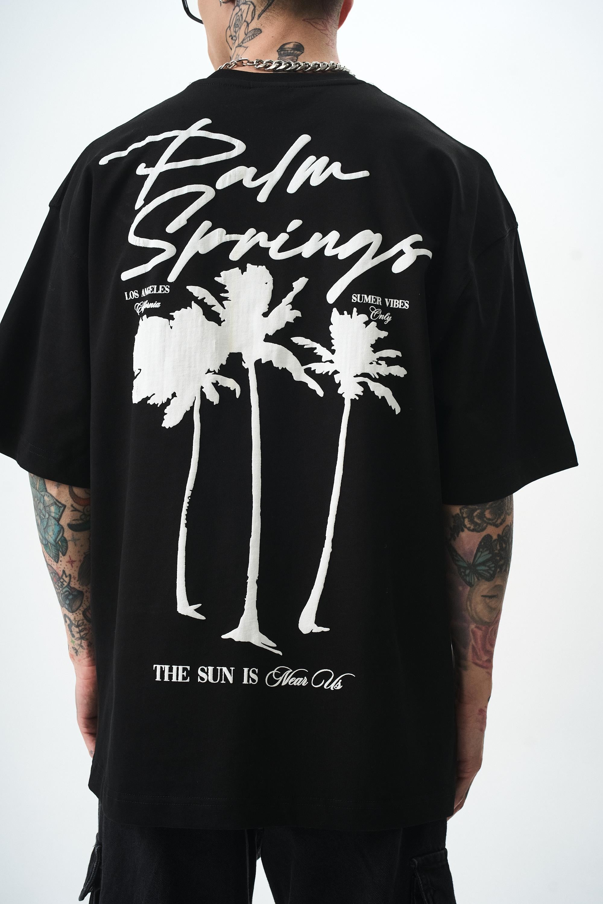 Erkek Palm Baskılı Oversize T-Shirt Siyah