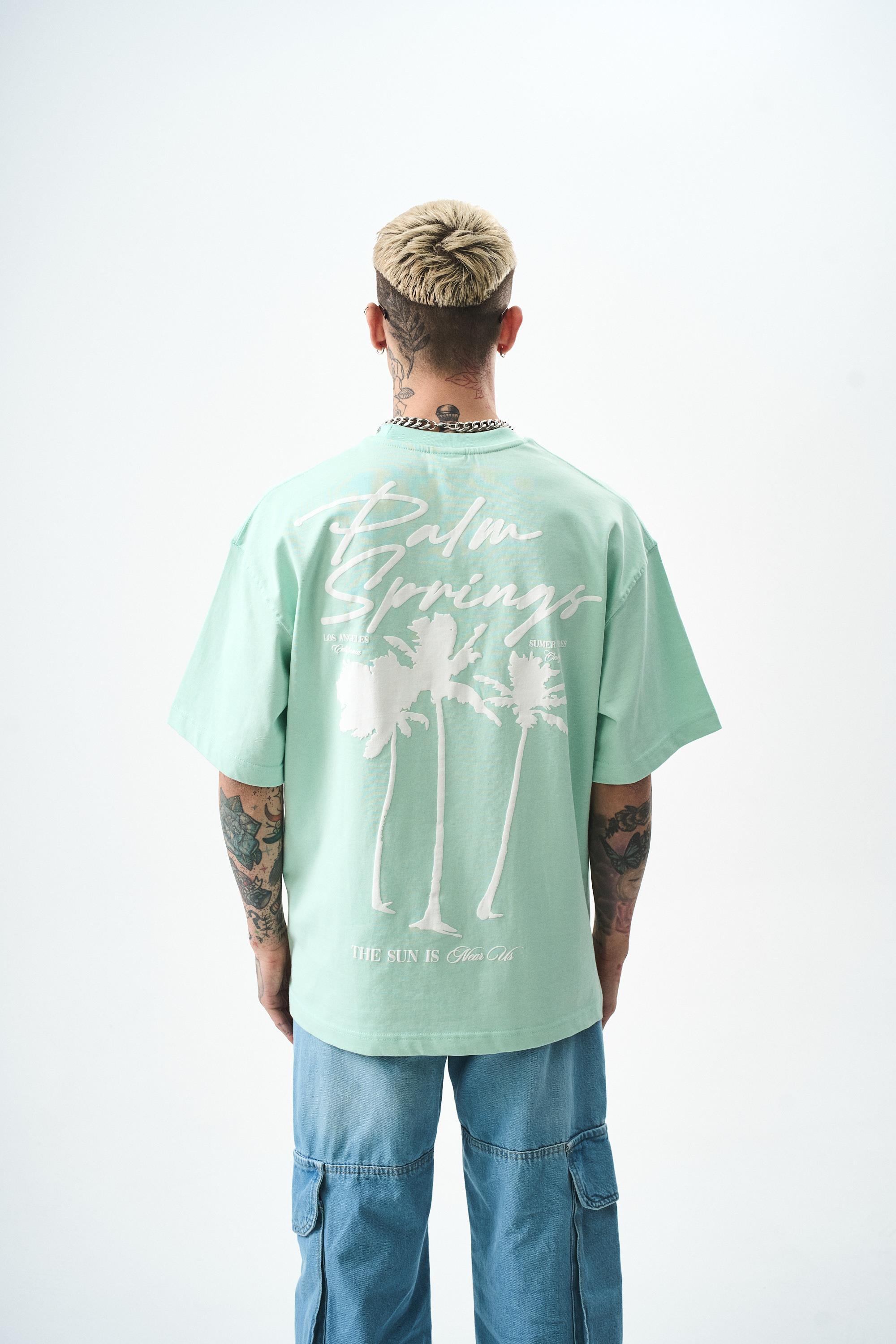 Erkek Palm Baskılı Oversize T-Shirt Su Yeşili