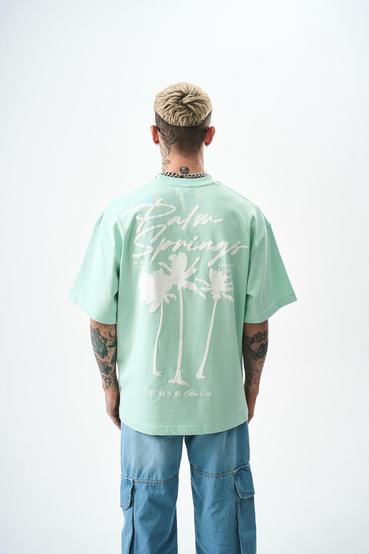 Erkek Palm Baskılı Oversize T-Shirt Su Yeşili
