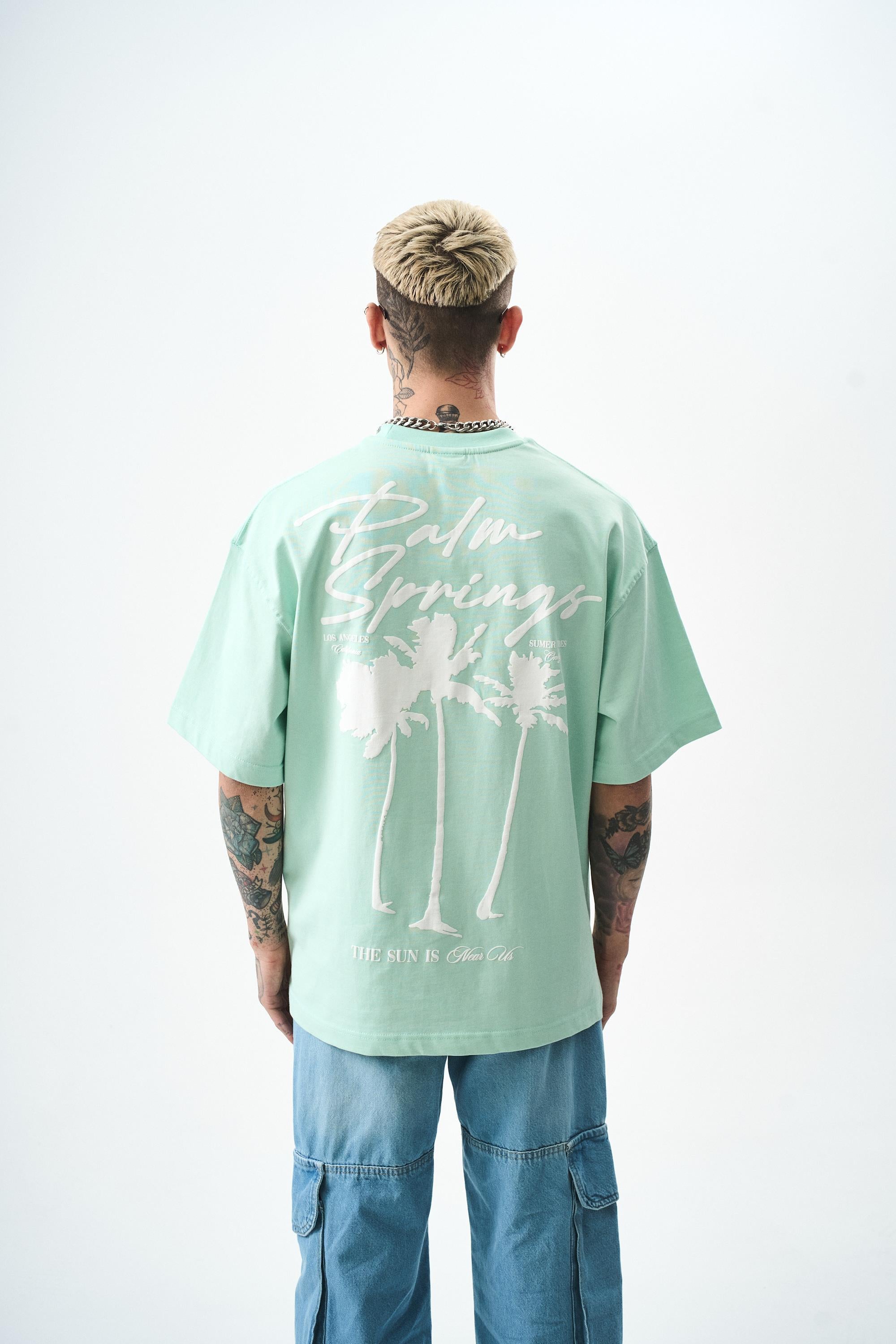 Erkek Palm Baskılı Oversize T-Shirt Su Yeşili