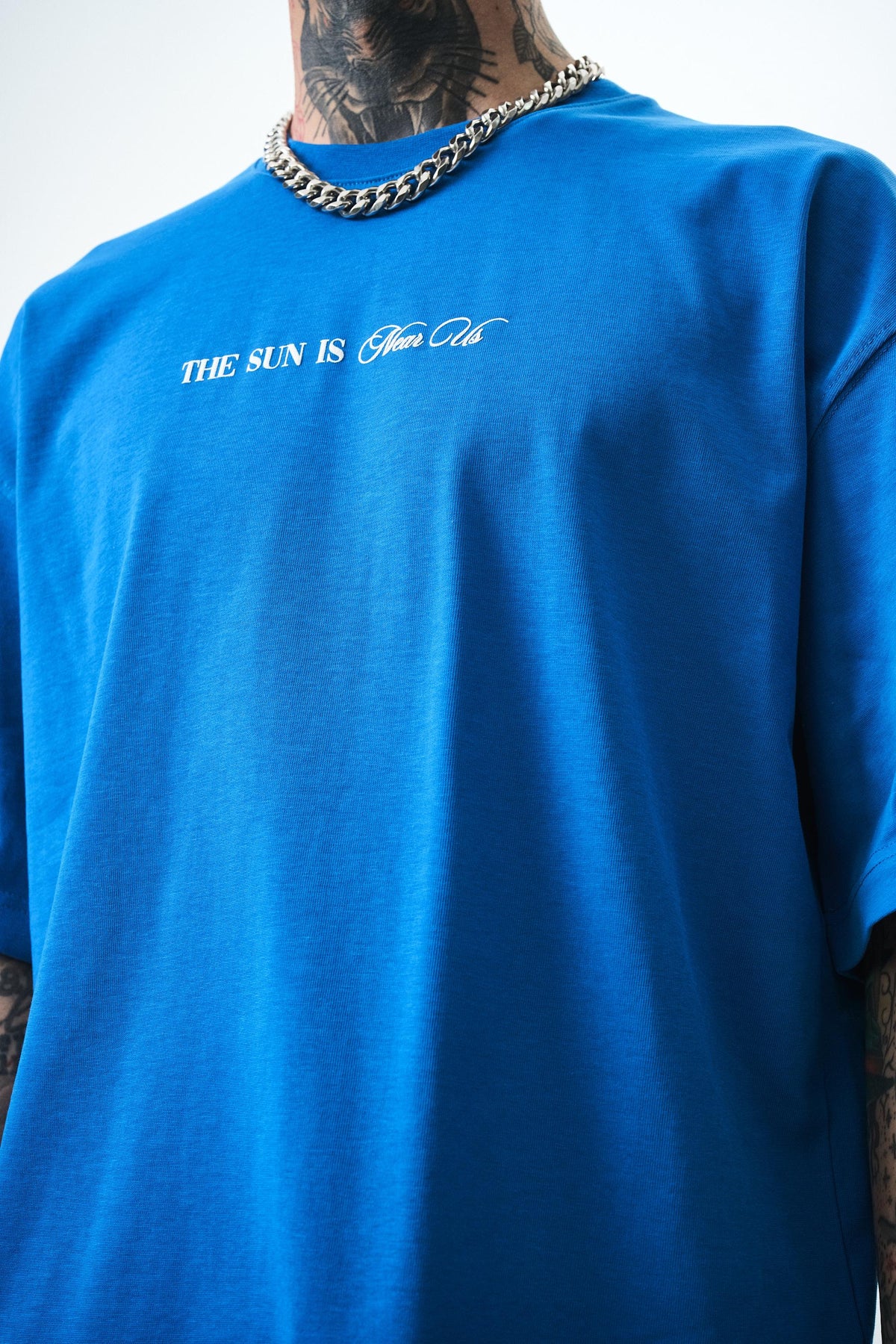 Erkek Palm Baskılı Oversize T-Shirt Mavi