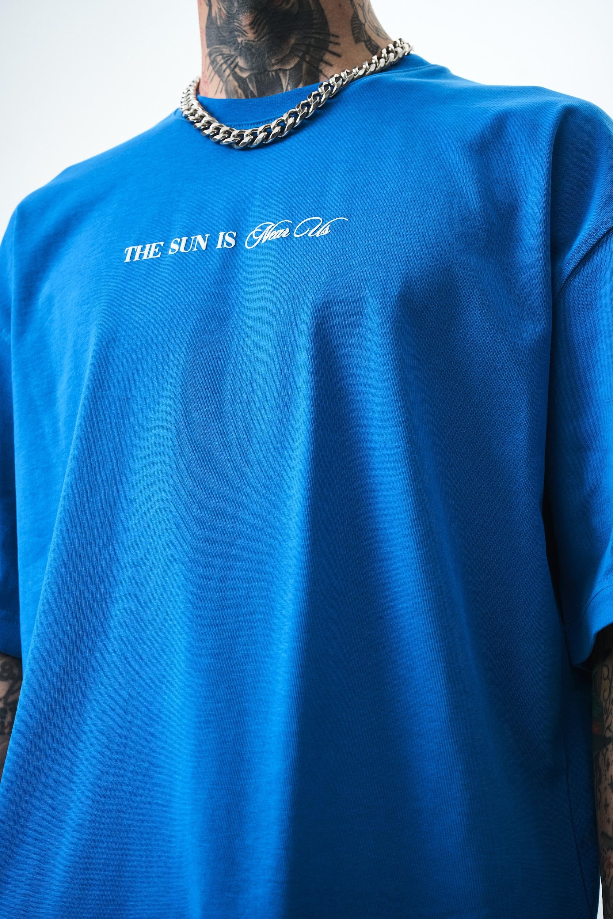 Erkek Palm Baskılı Oversize T-Shirt Mavi