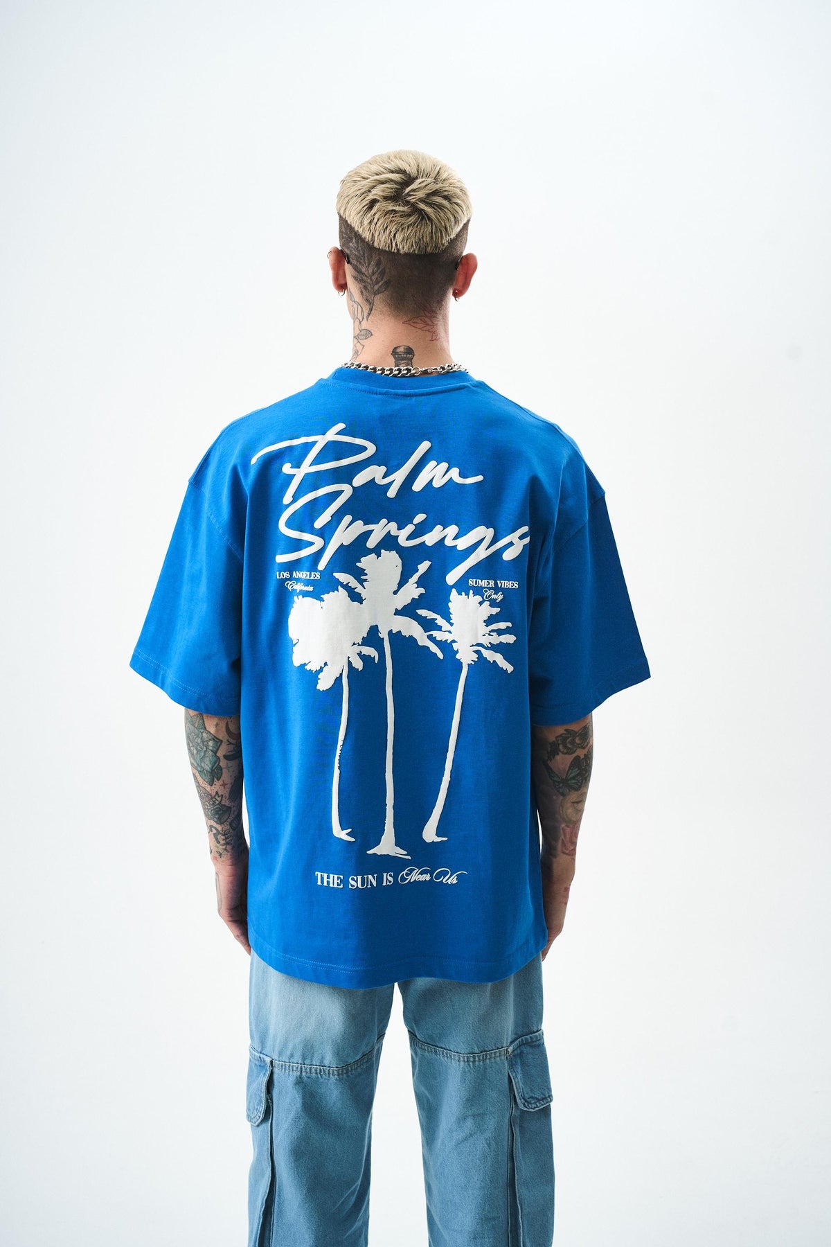 Erkek Palm Baskılı Oversize T-Shirt Mavi