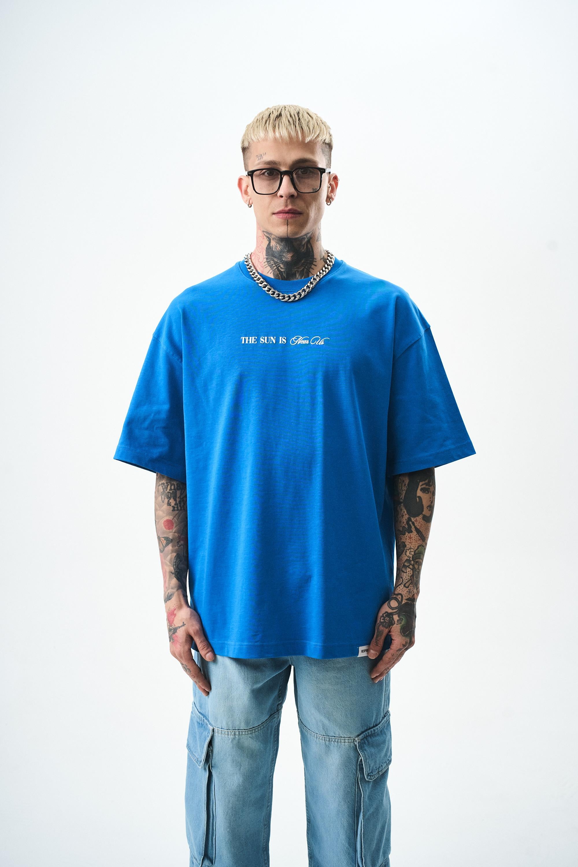 Erkek Palm Baskılı Oversize T-Shirt Mavi