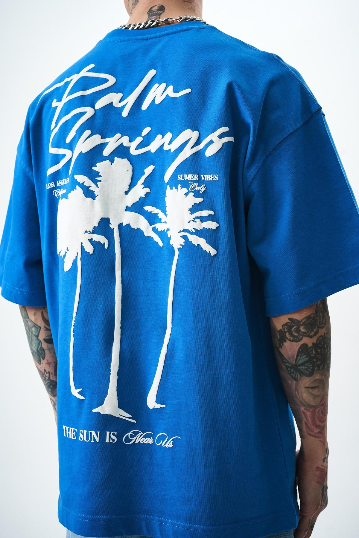 Erkek Palm Baskılı Oversize T-Shirt Mavi