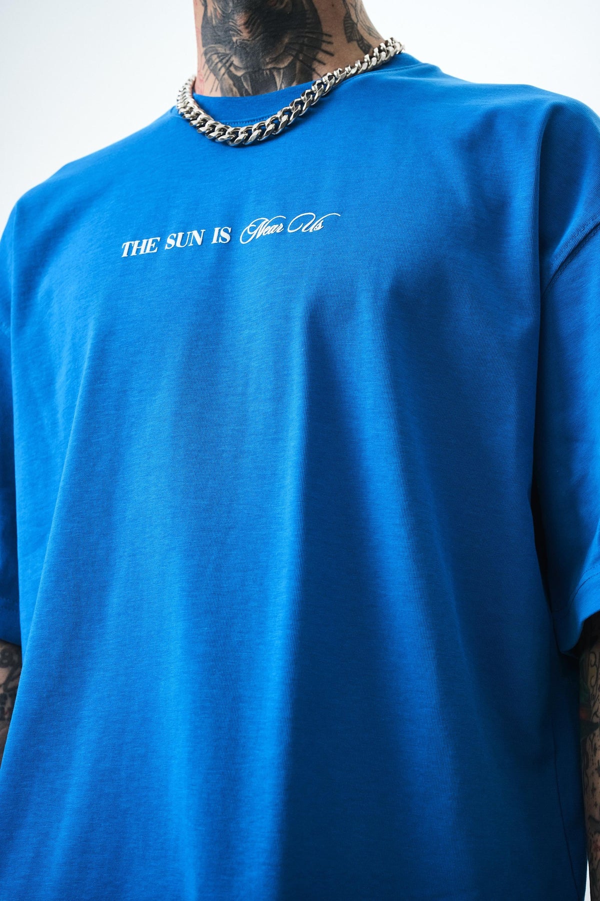 Erkek Palm Baskılı Oversize T-Shirt Mavi