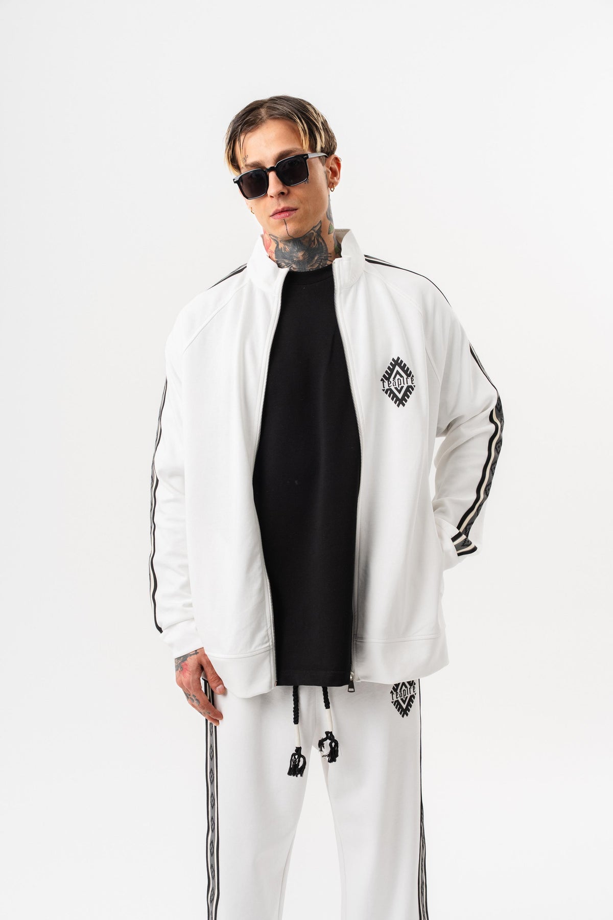 Erkek Şerit Detaylı Dik Yaka Doubleface Zip Oversize Sweatshirt Ekru
