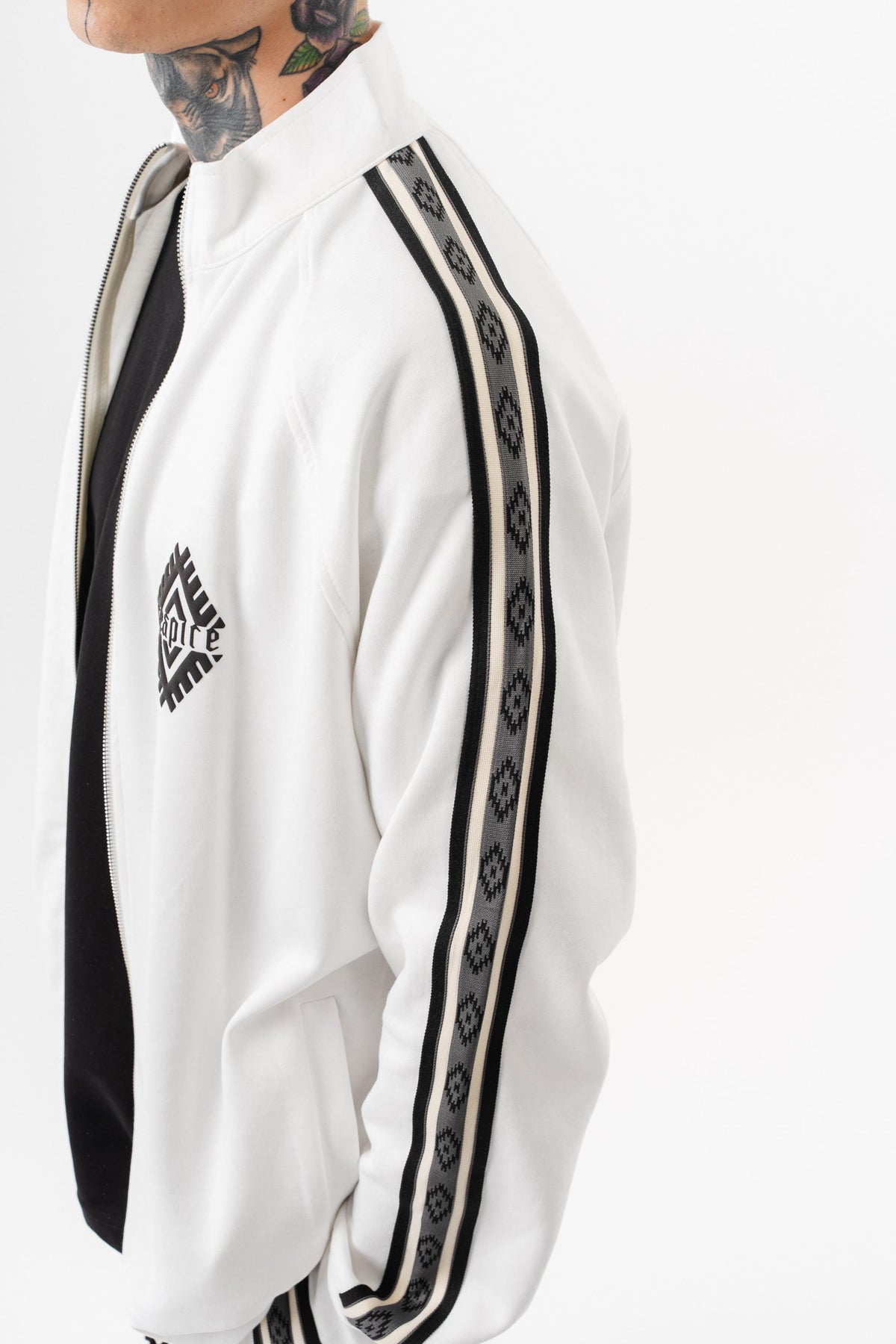 Erkek Şerit Detaylı Dik Yaka Doubleface Zip Oversize Sweatshirt Ekru