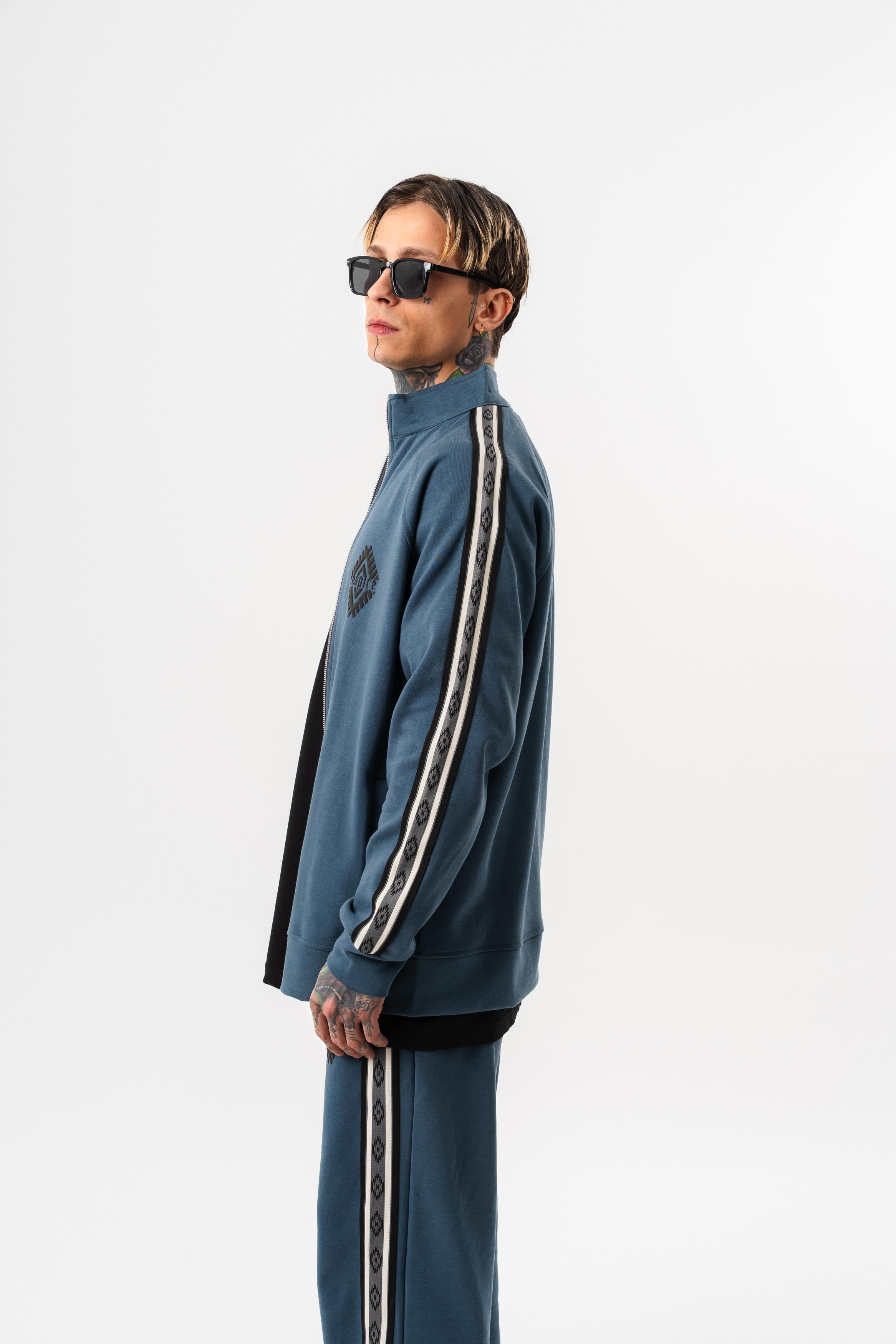 Erkek Şerit Detaylı Dik Yaka Doubleface Zip Oversize Sweatshirt Petrol
