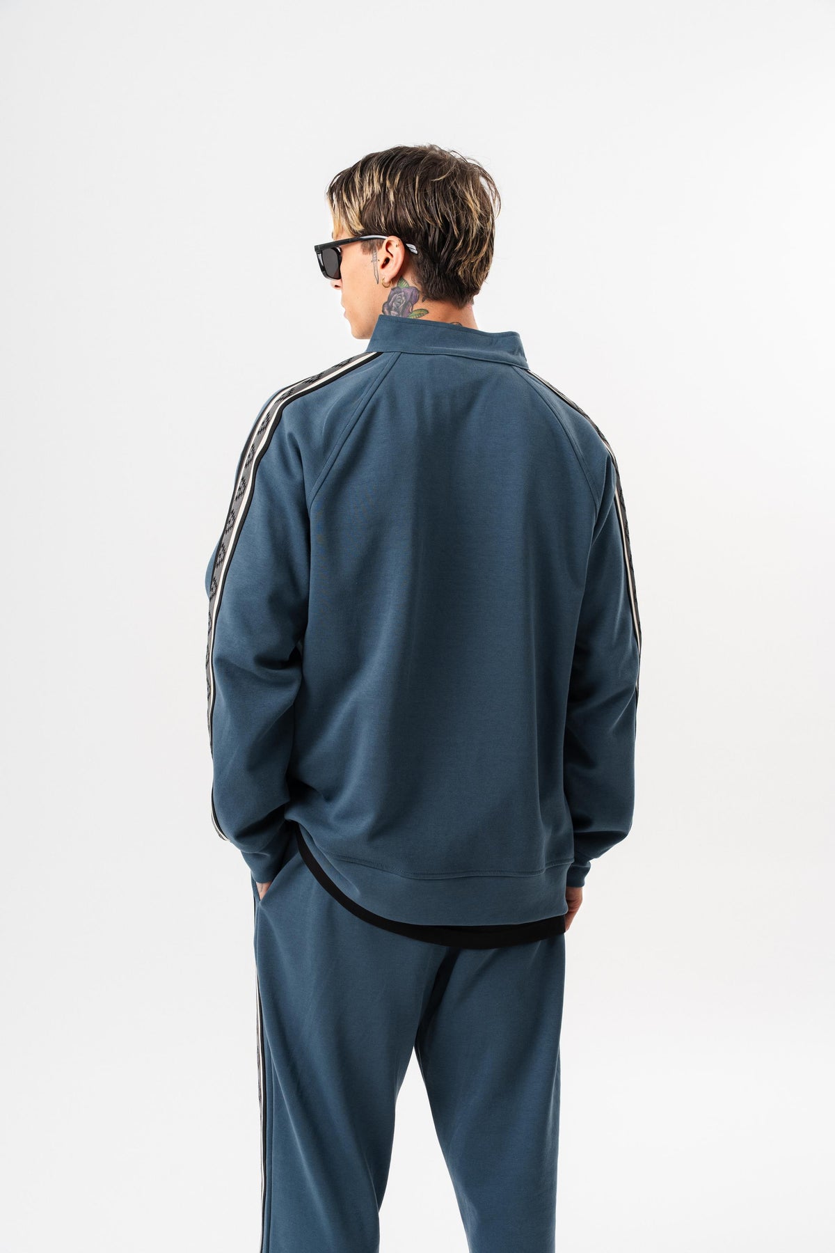 Erkek Şerit Detaylı Dik Yaka Doubleface Zip Oversize Sweatshirt Petrol