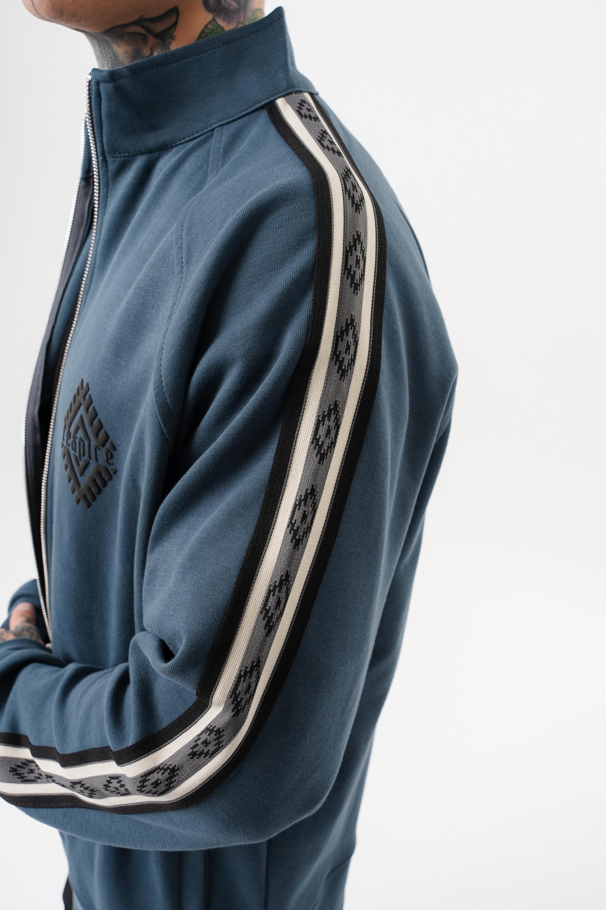 Erkek Şerit Detaylı Dik Yaka Doubleface Zip Oversize Sweatshirt Petrol