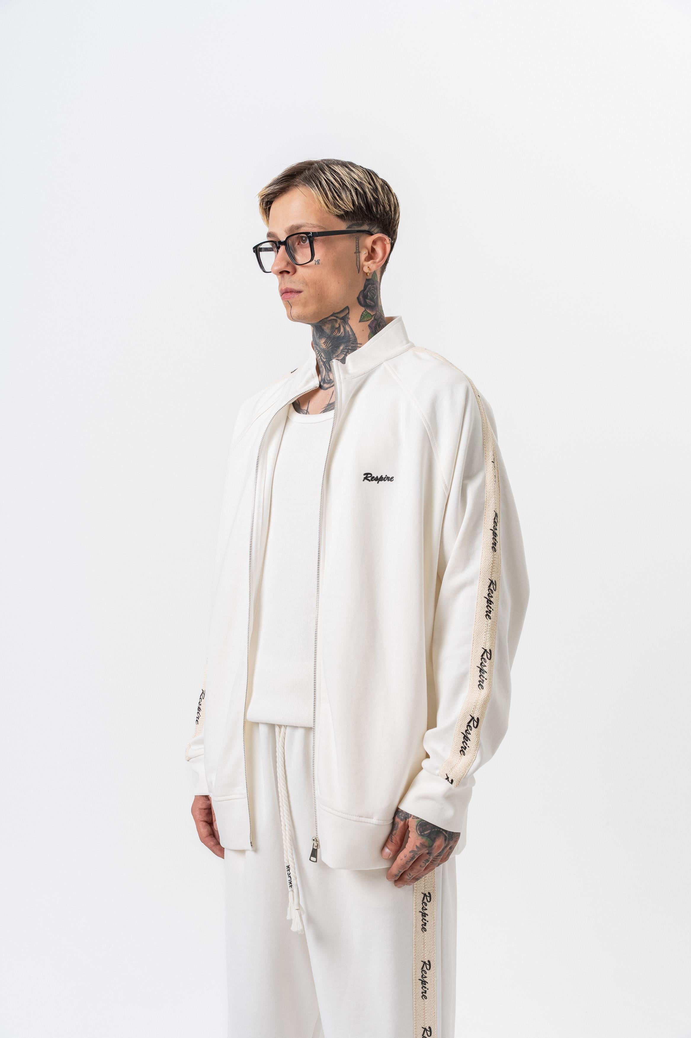 Erkek Respire Şerit Detaylı Dik Yaka Doubleface Zip Oversize Sweatshirt Ekru