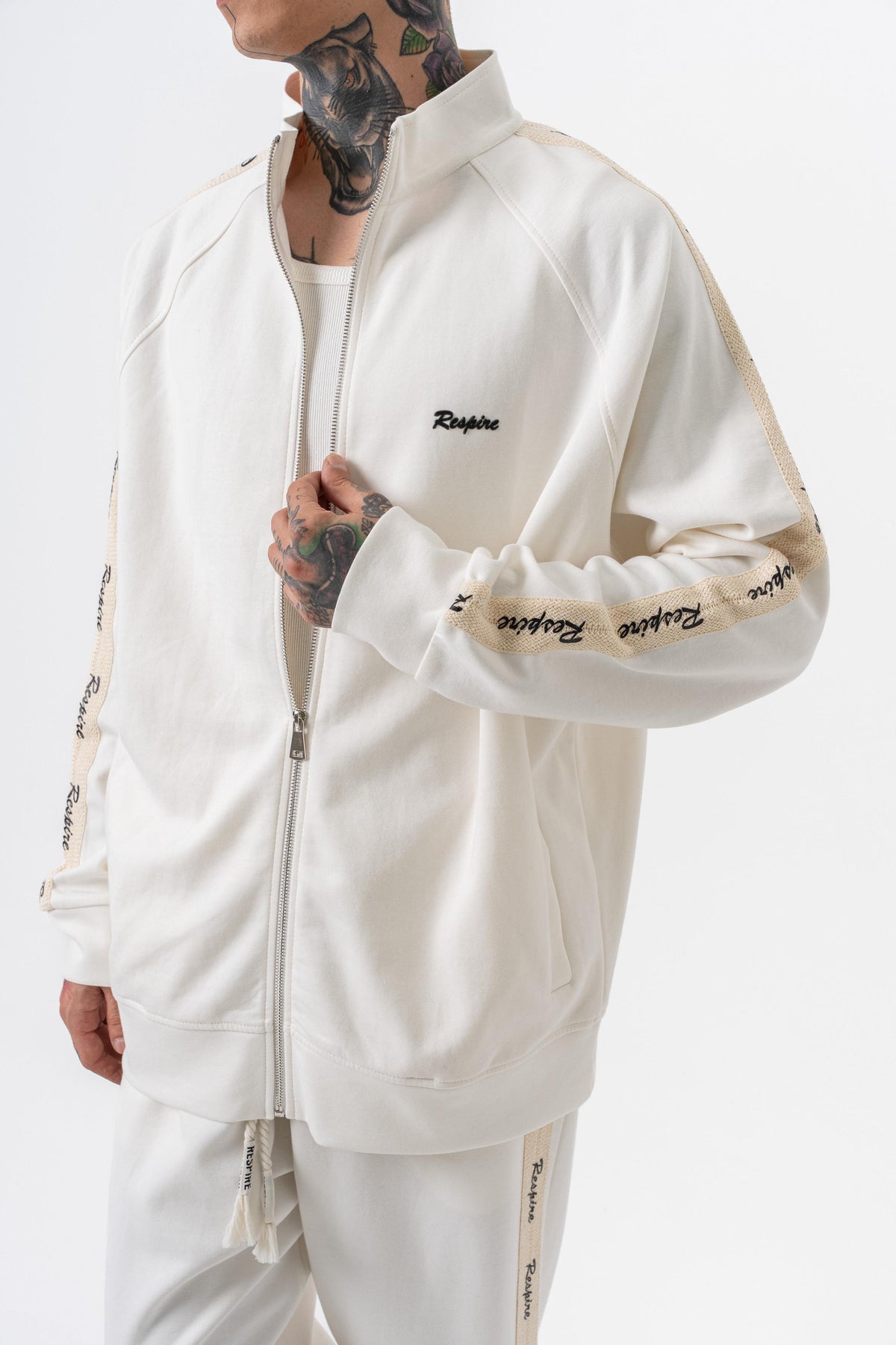 Erkek Respire Şerit Detaylı Dik Yaka Doubleface Zip Oversize Sweatshirt Ekru