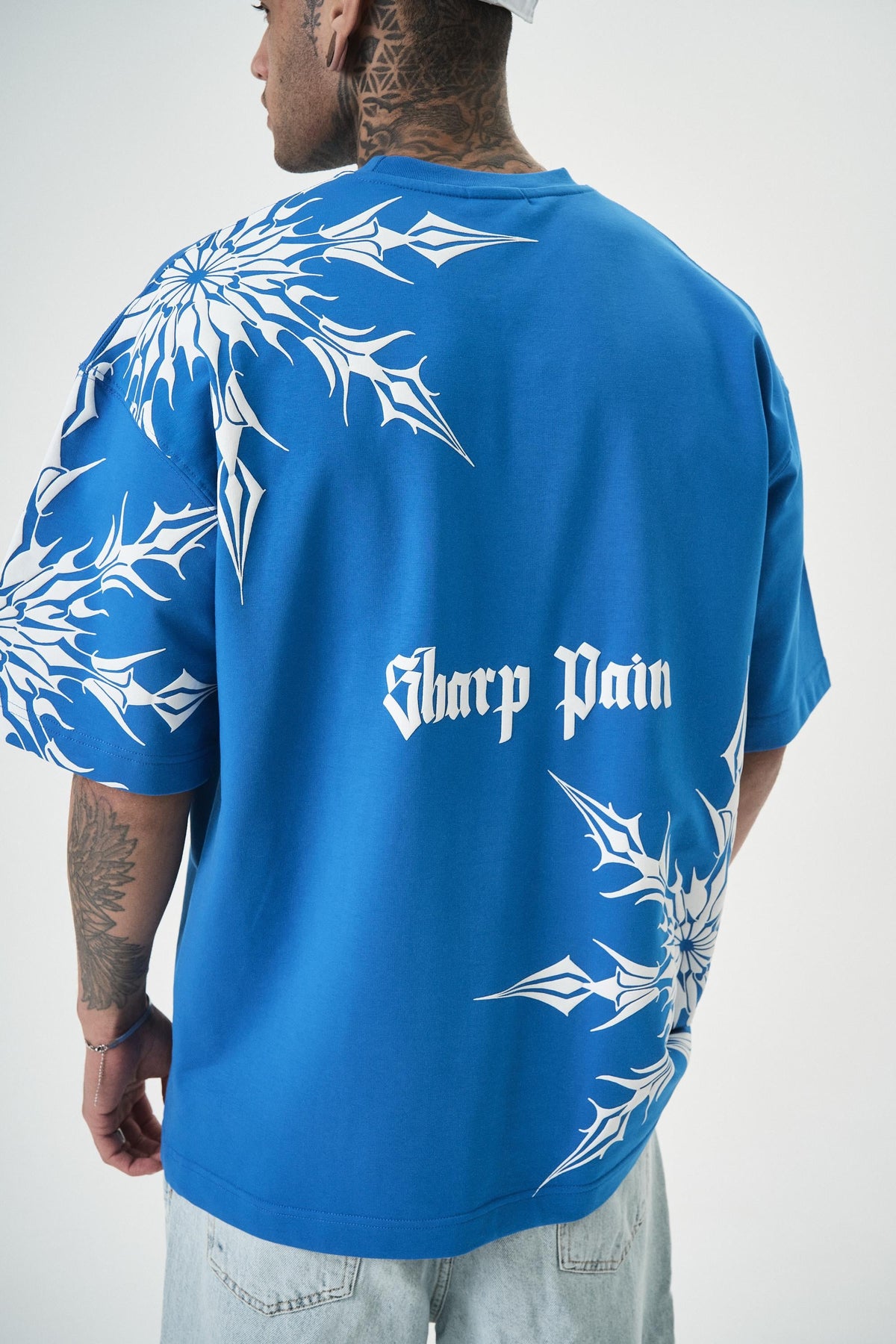Erkek Sharp Pain Baskılı Oversize T-Shirt Mavi