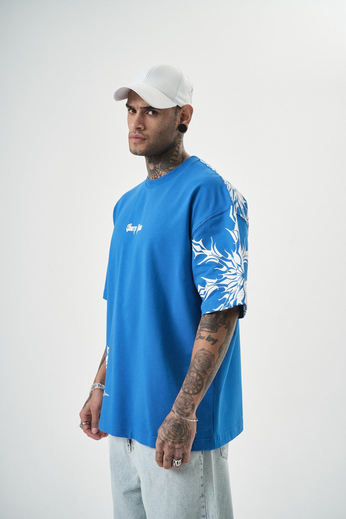 Erkek Sharp Pain Baskılı Oversize T-Shirt Mavi