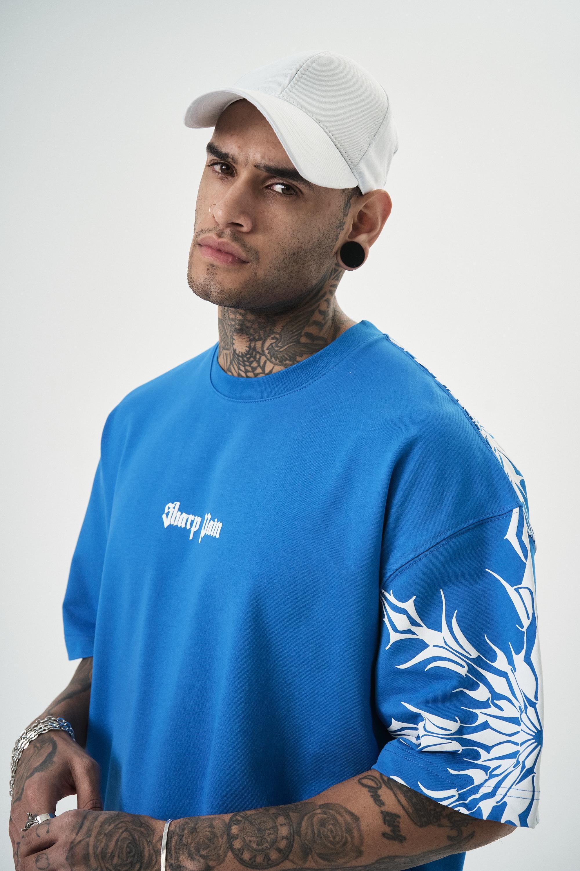 Erkek Sharp Pain Baskılı Oversize T-Shirt Mavi