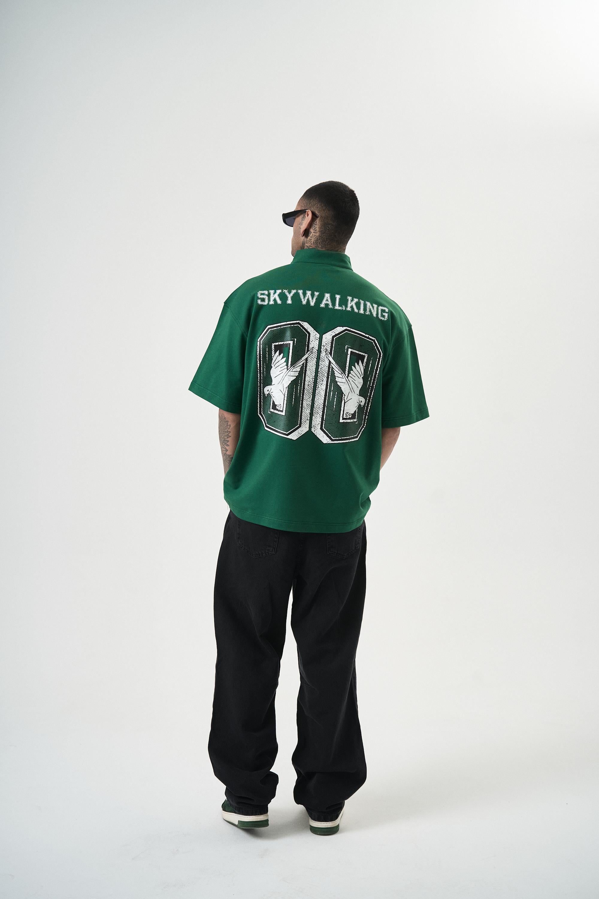 Erkek Skywalking Baskılı Yarım Fermuarlı Oversize T-Shirt Nefti