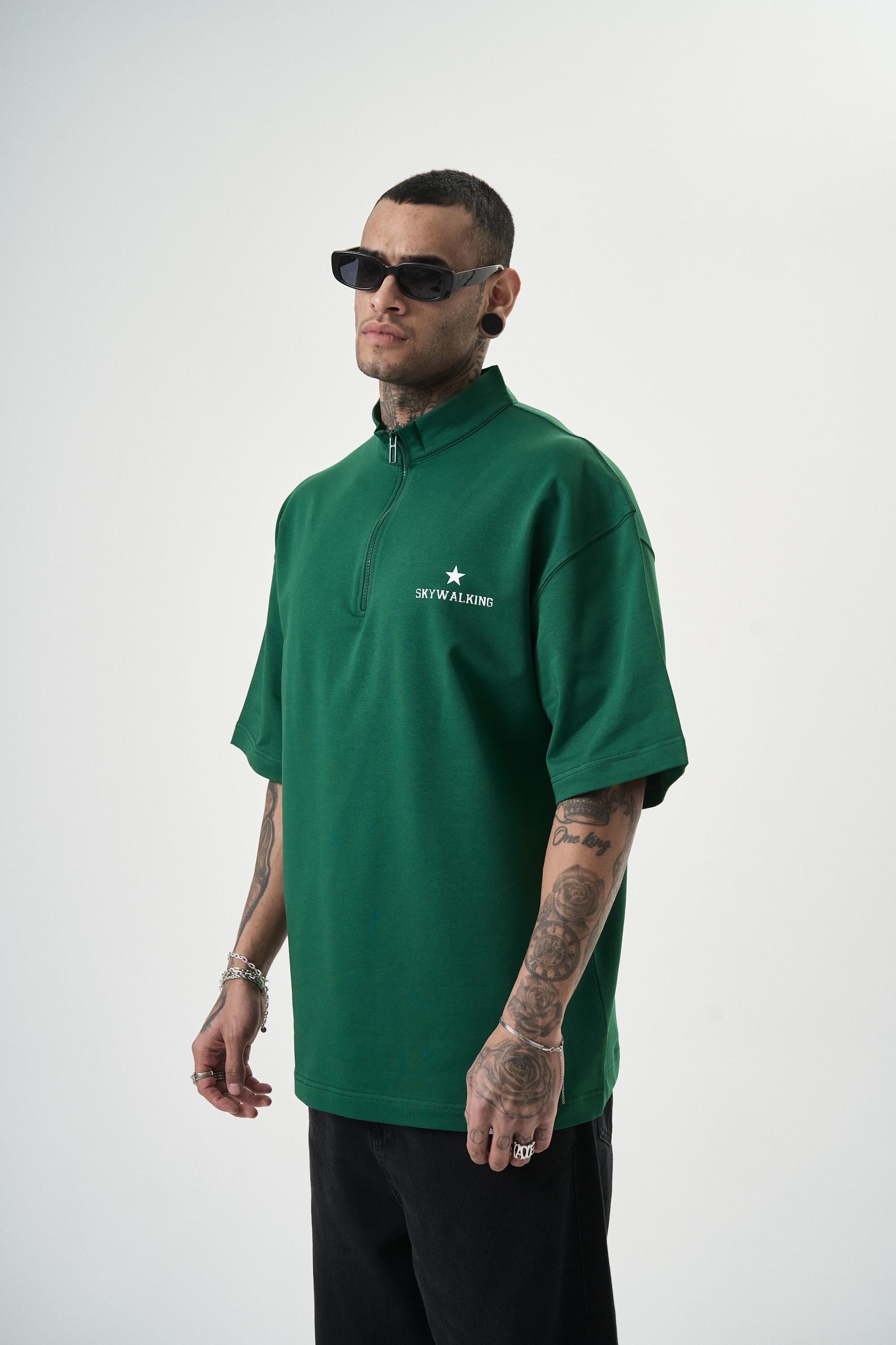 Erkek Skywalking Baskılı Yarım Fermuarlı Oversize T-Shirt Nefti