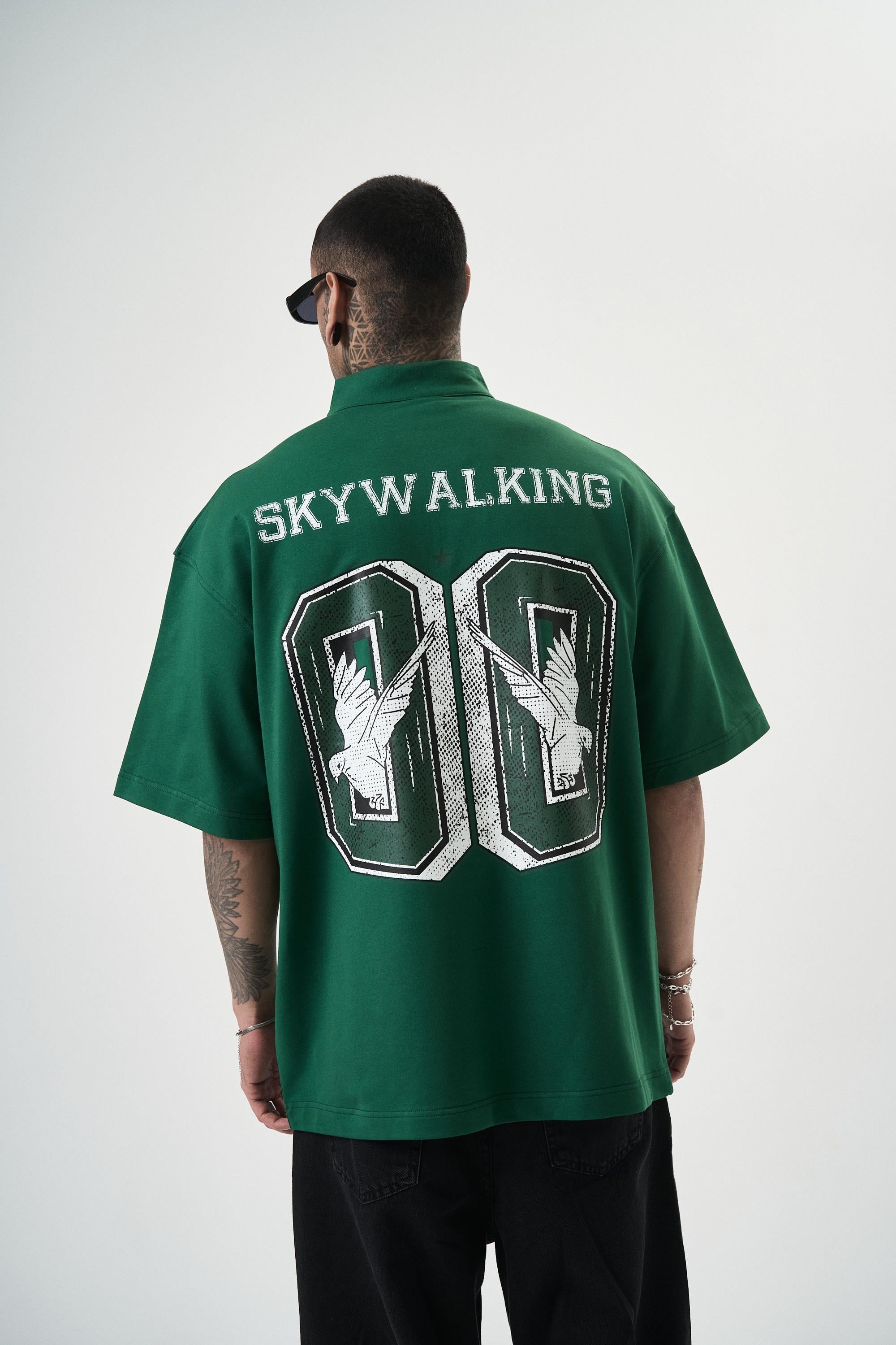 Erkek Skywalking Baskılı Yarım Fermuarlı Oversize T-Shirt Nefti