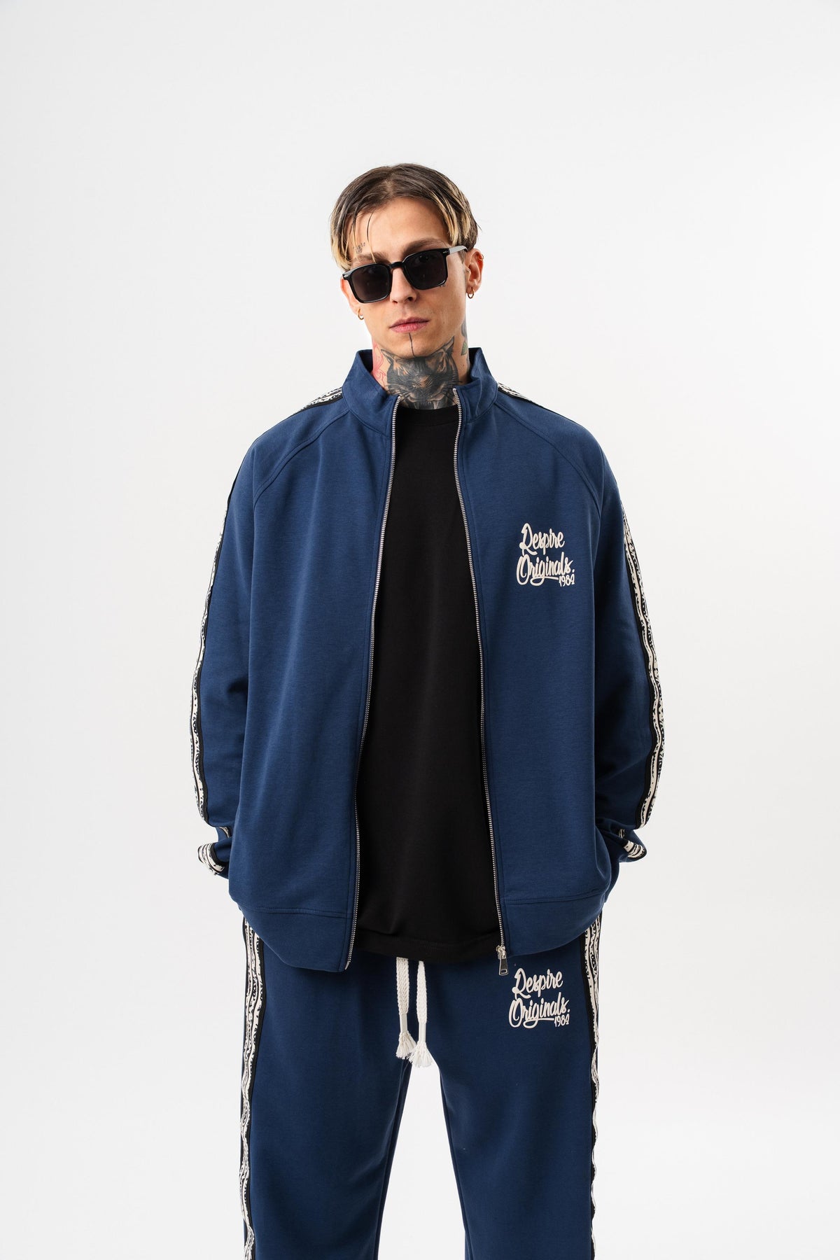Erkek Splash Şerit Detaylı Dik Yaka Doubleface Zip Oversize Sweatshirt Lacivert
