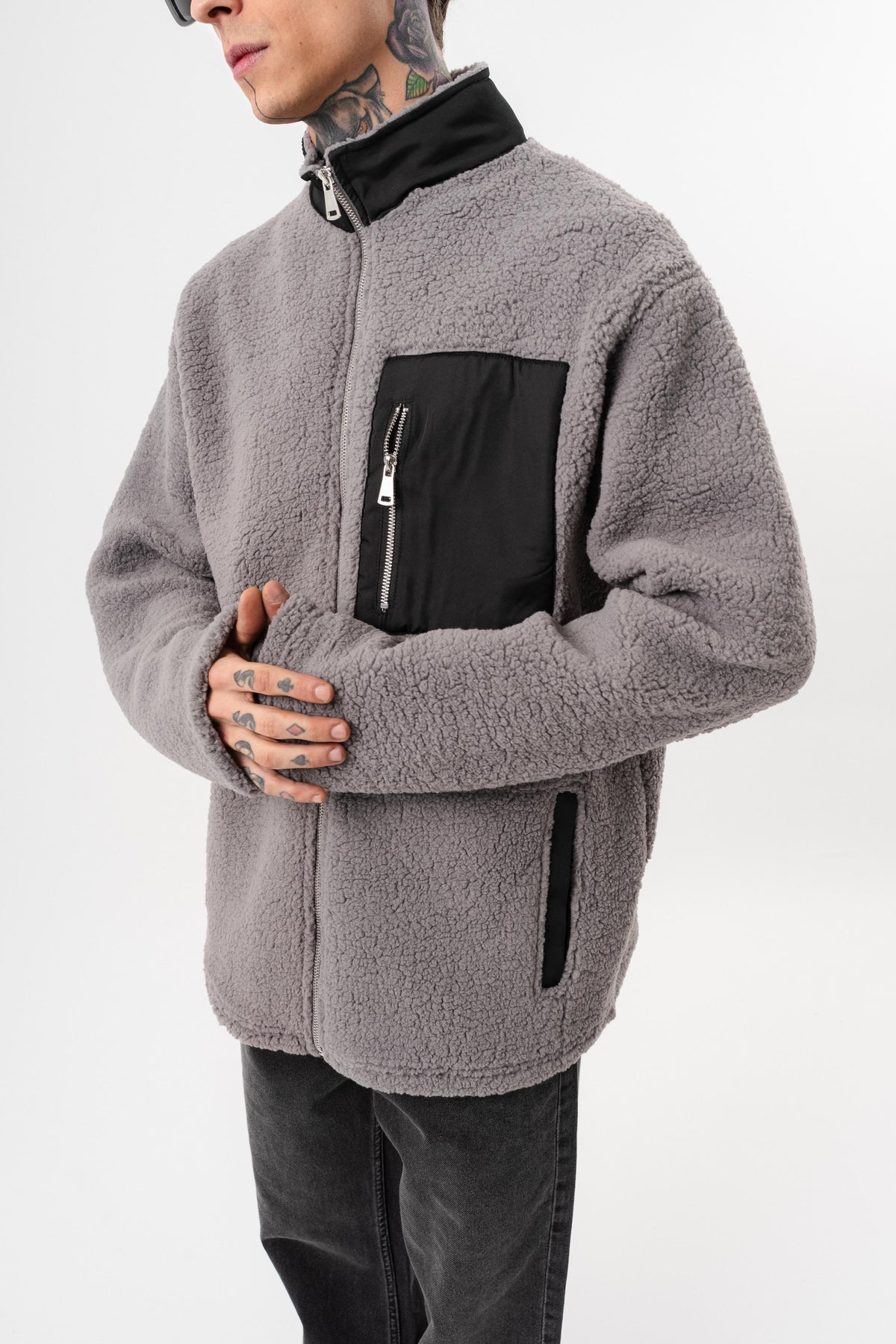 Erkek Zip Oversize Teddy Ceket Gri