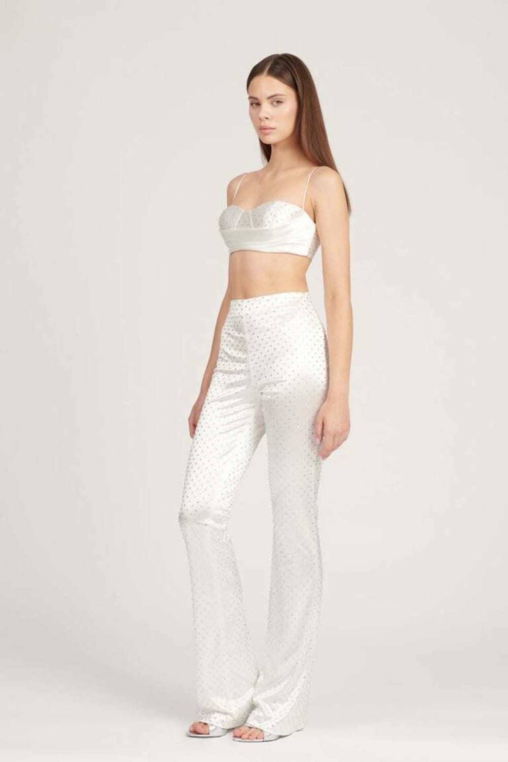 Saléa-Shiny High Waist Trousers With Flared Stone Details-Kumaş Pantolon-1-milagron.live
