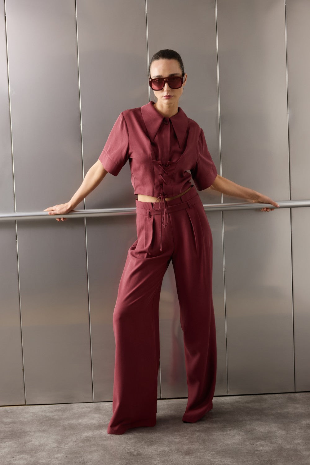 Bordo Geniş Paça Pantolon - 0