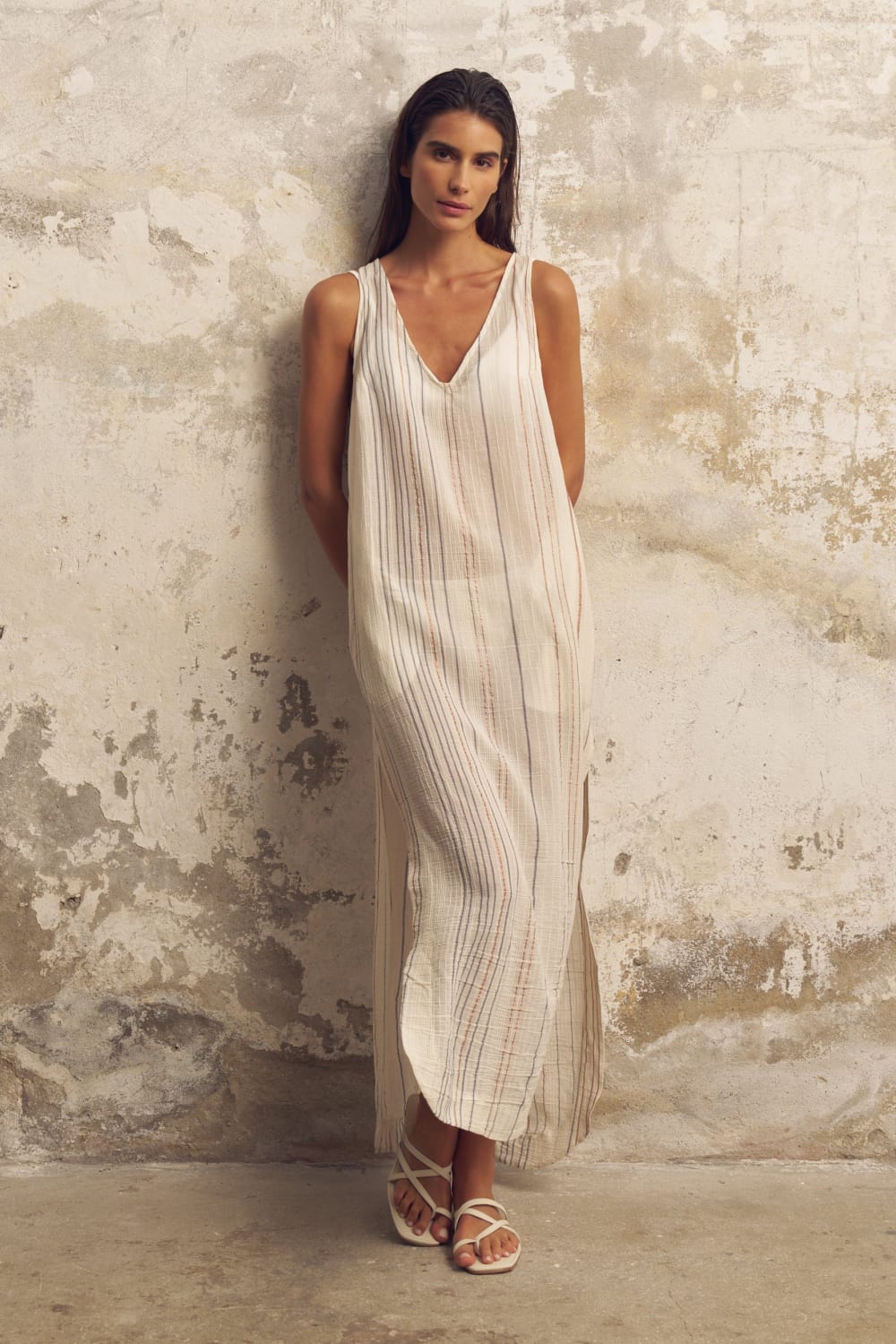 The Handloom-Day Break Dress Natural With Stripes-Elbise-2-milagron.live