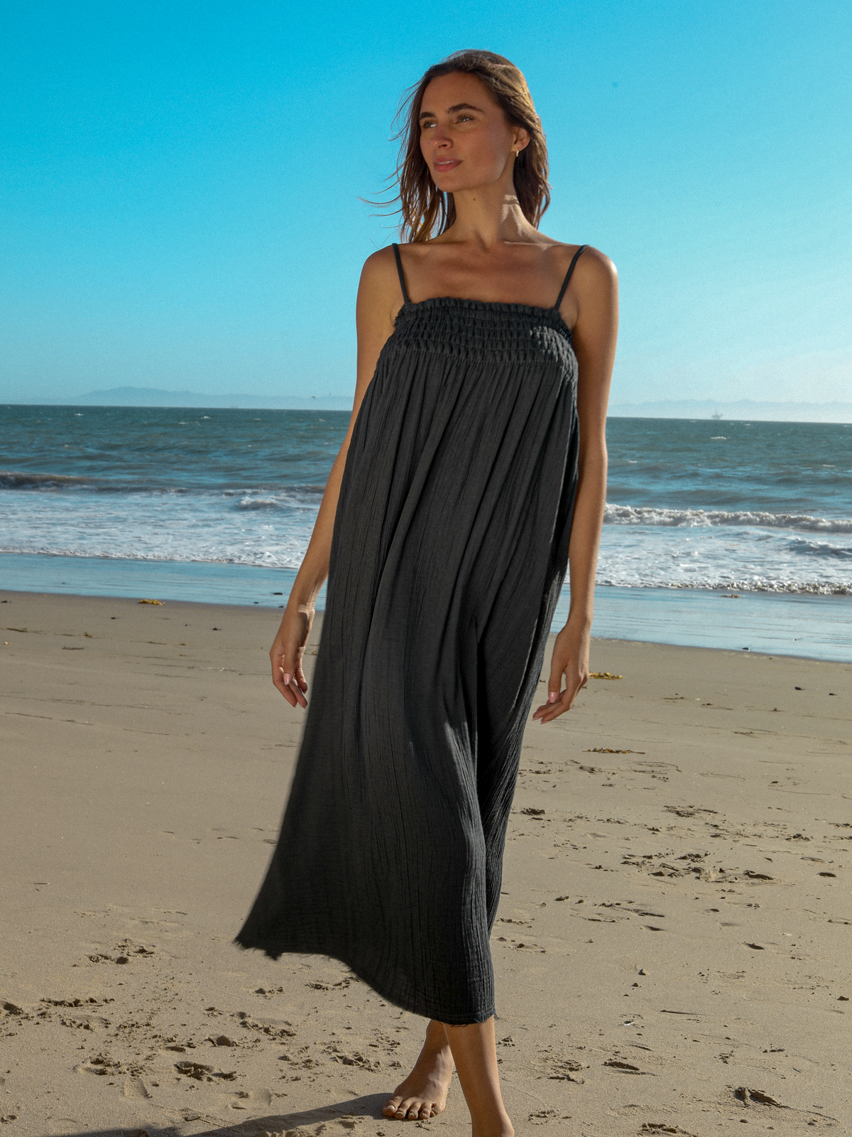 Kaya Smocked Maxi Dress - Charcoal
