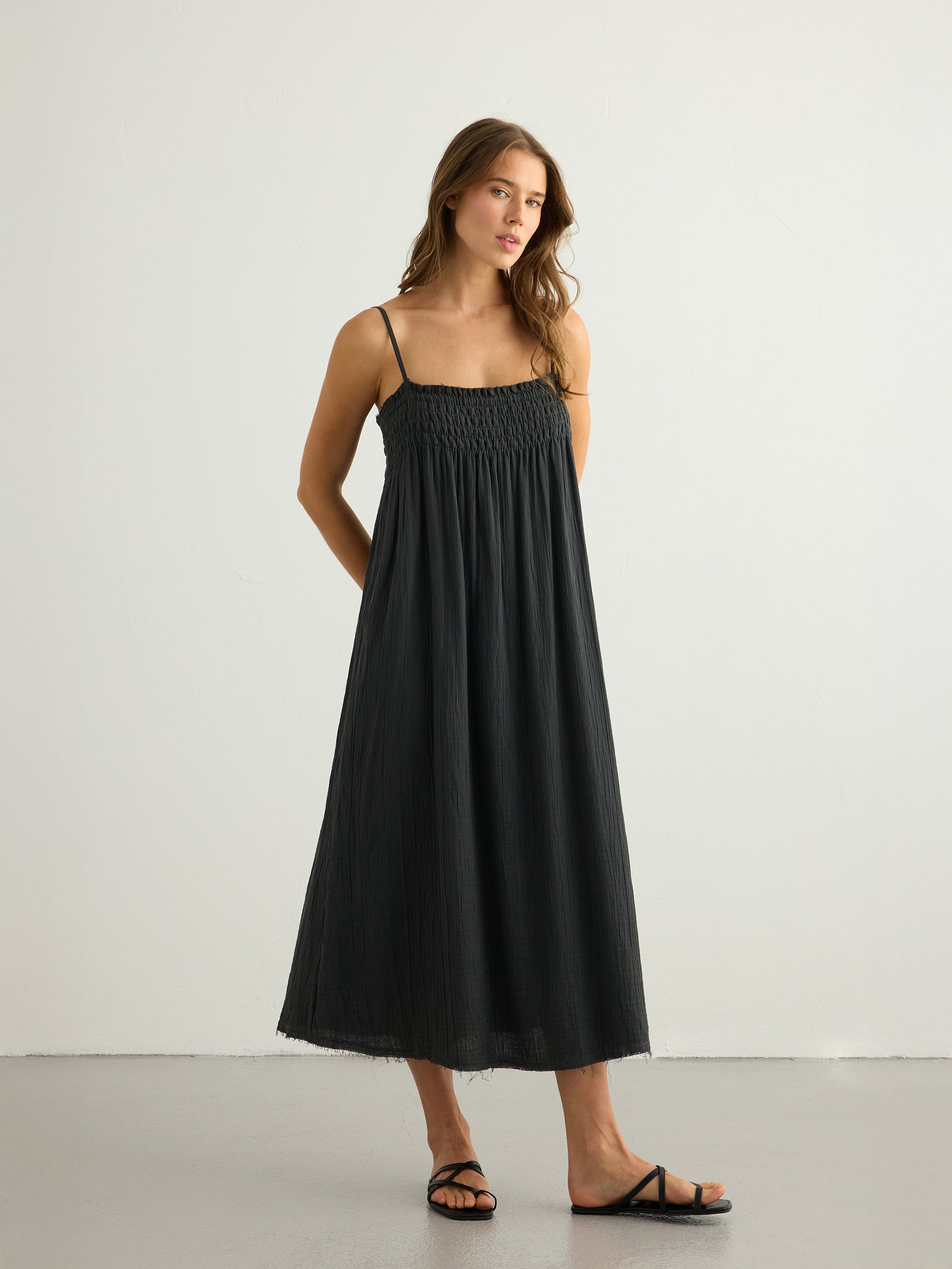 Kaya Smocked Maxi Dress - Charcoal
