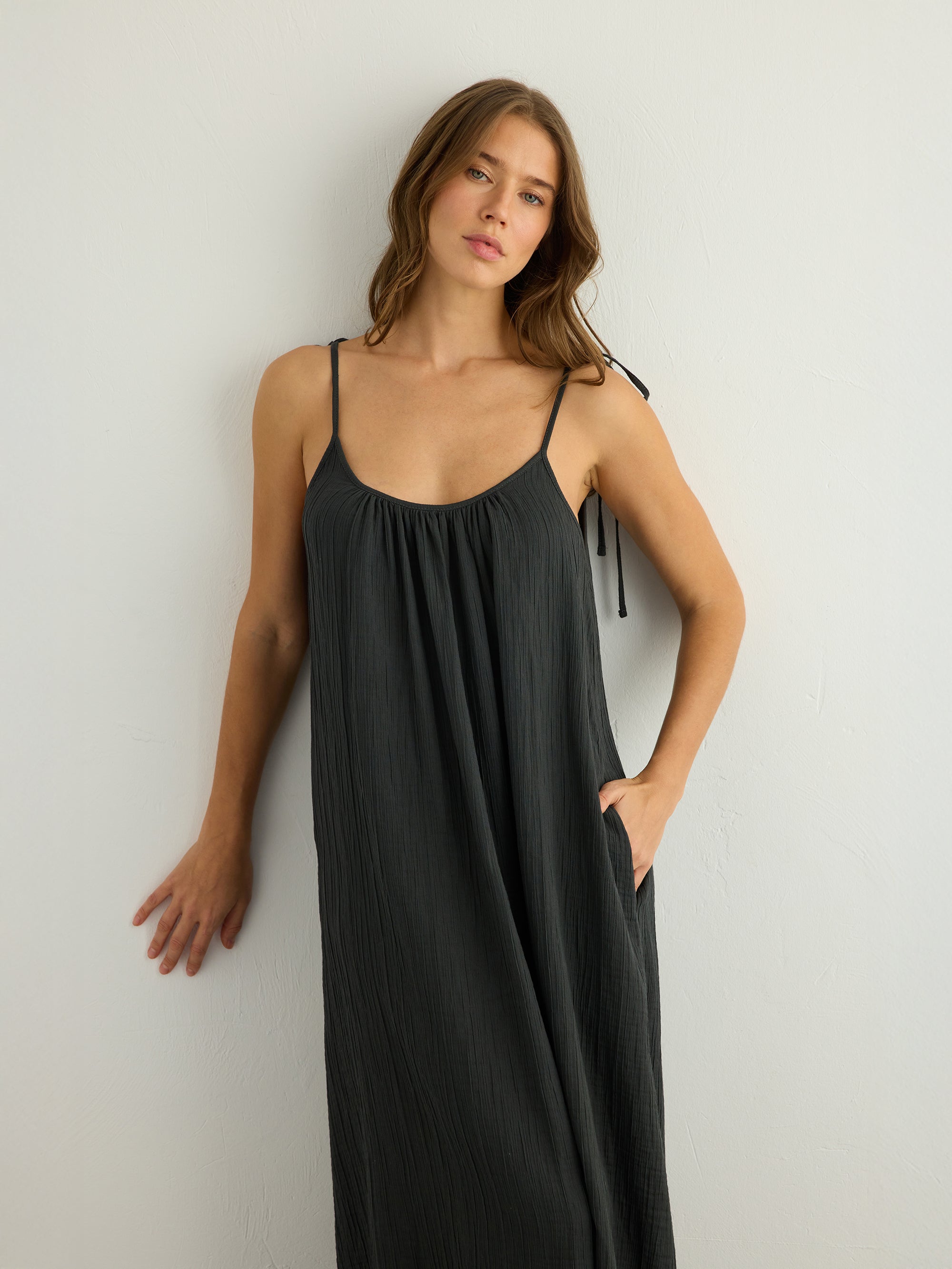 Kaya Tie Strap Maxi Dress - Charcoal