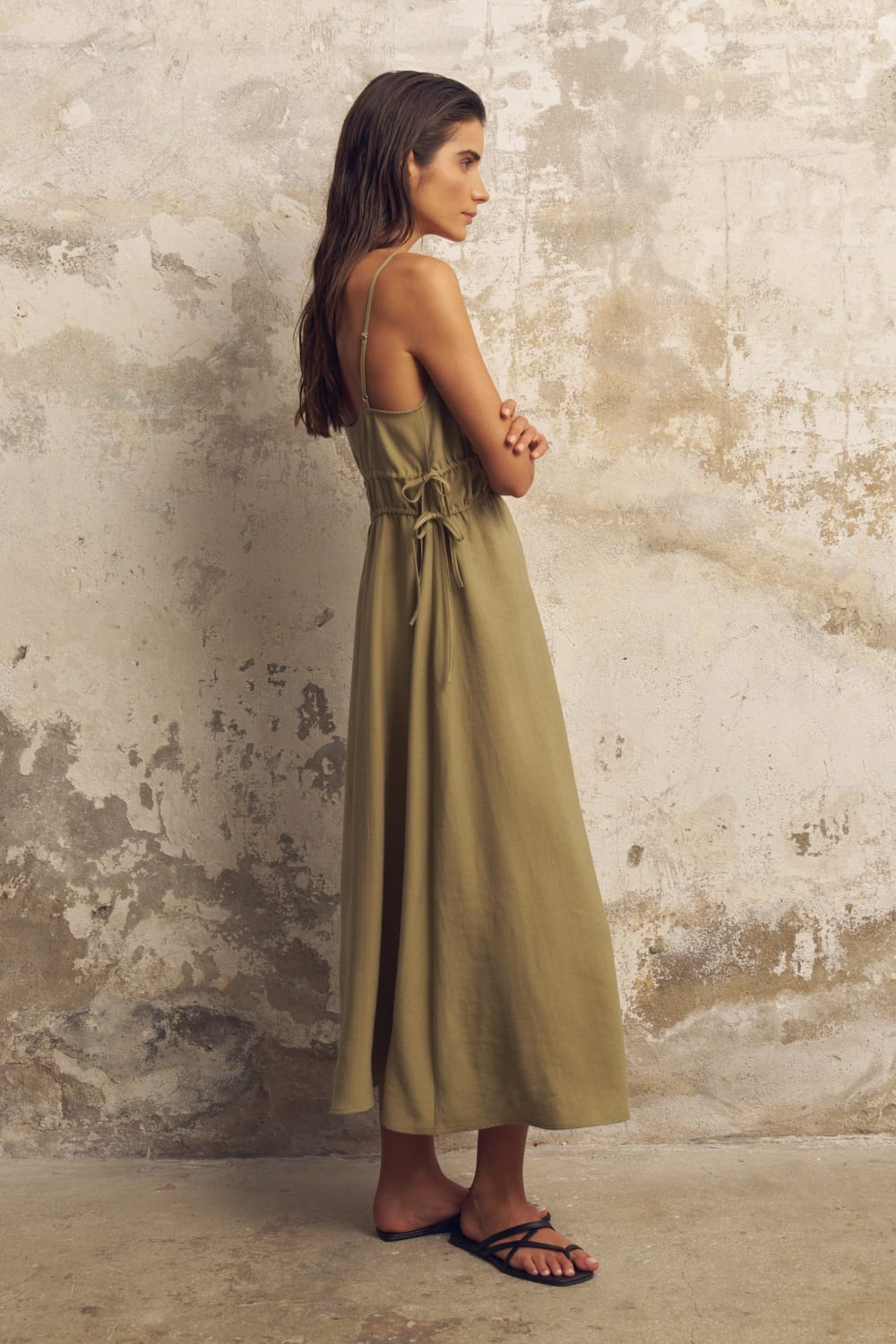 The Handloom-Sofia Ties Maxi Dress Khaki Green-Elbise-2-milagron.live