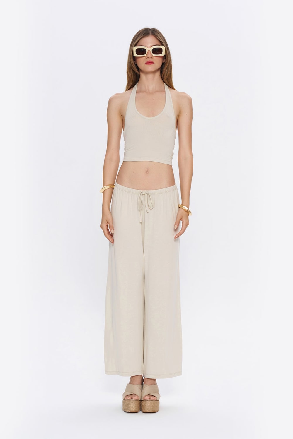 Tiny-Halter Yaka Krem Yumuşak Bluz-Top-1-milagron.live