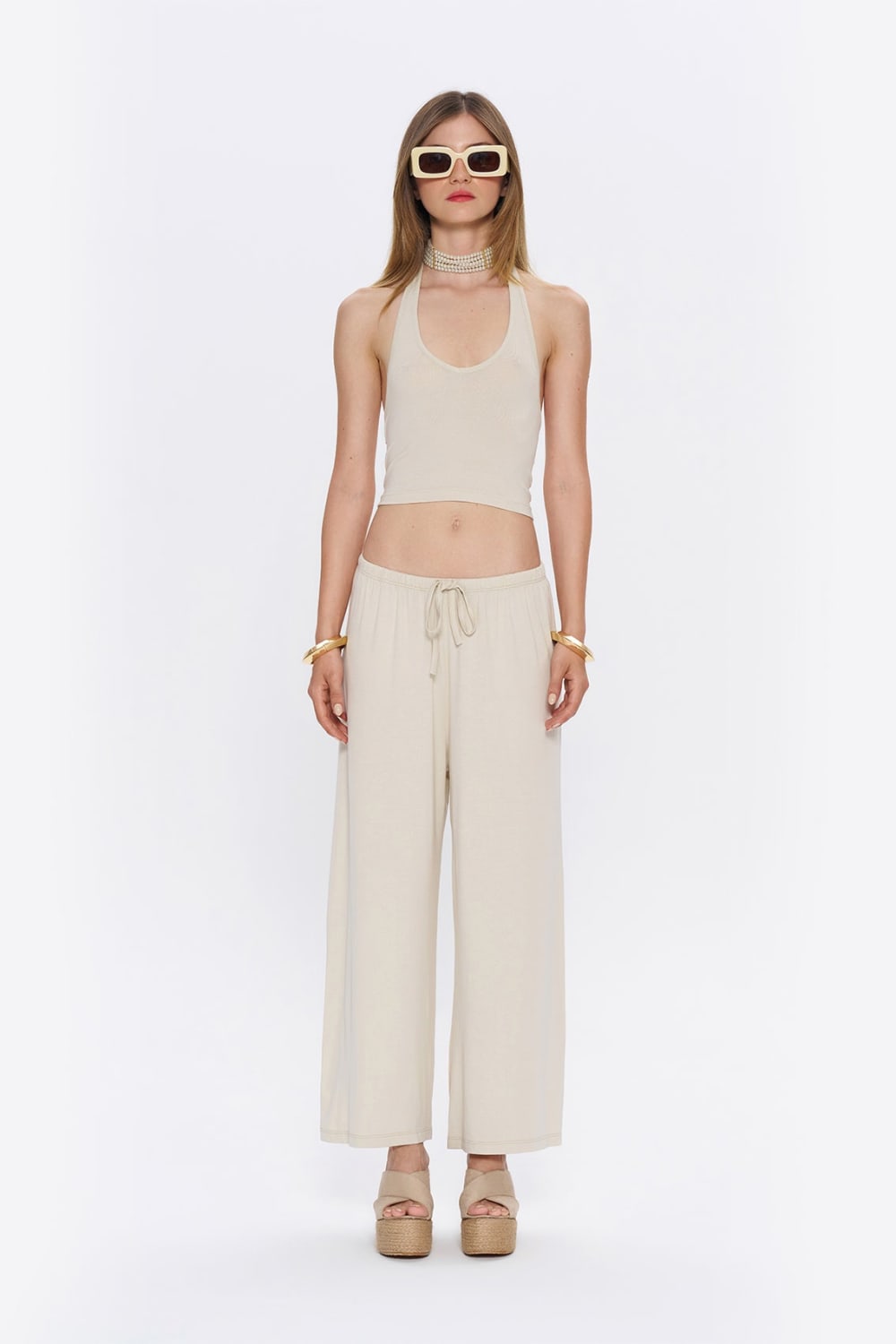 Tiny-Halter Yaka Krem Yumuşak Bluz-Top-2-milagron.live
