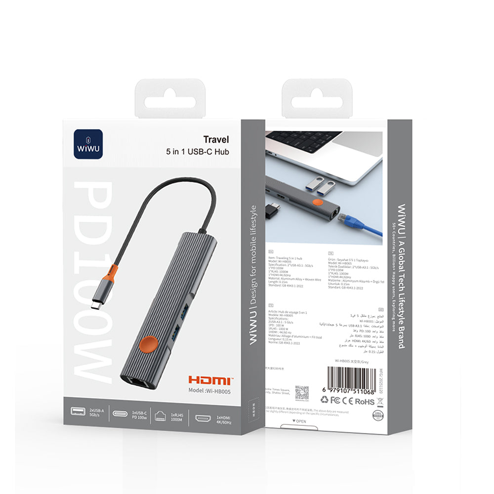 Wi-Hb005 Travel 5'I 1 Arada Type-C Dönüştürücü Hub Rj45 Gigabit Ethernet 4K Hdmi 100W Pd