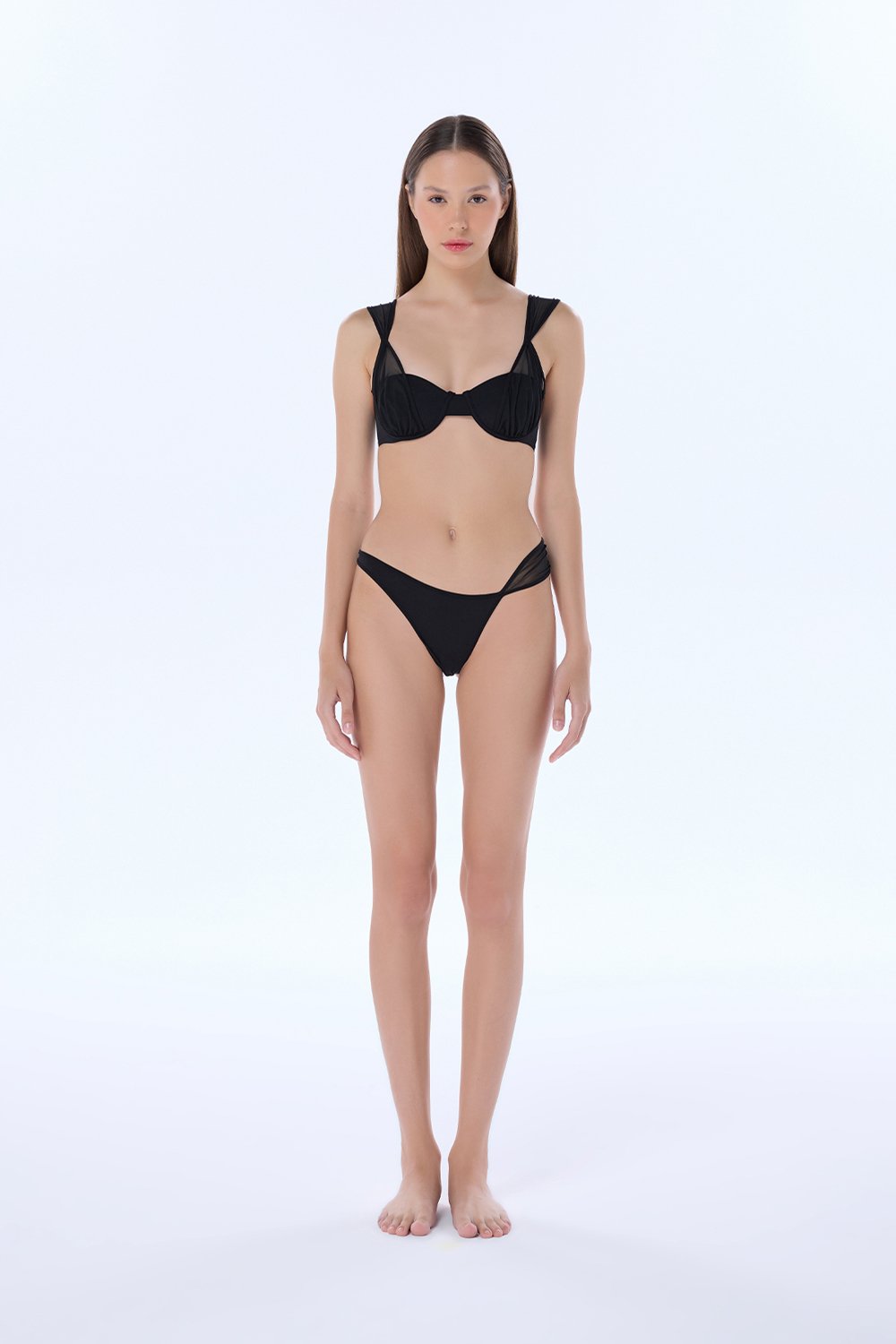 Jenna Tül Detaylı Balkonet Bikini Üstü, Siyah - 1