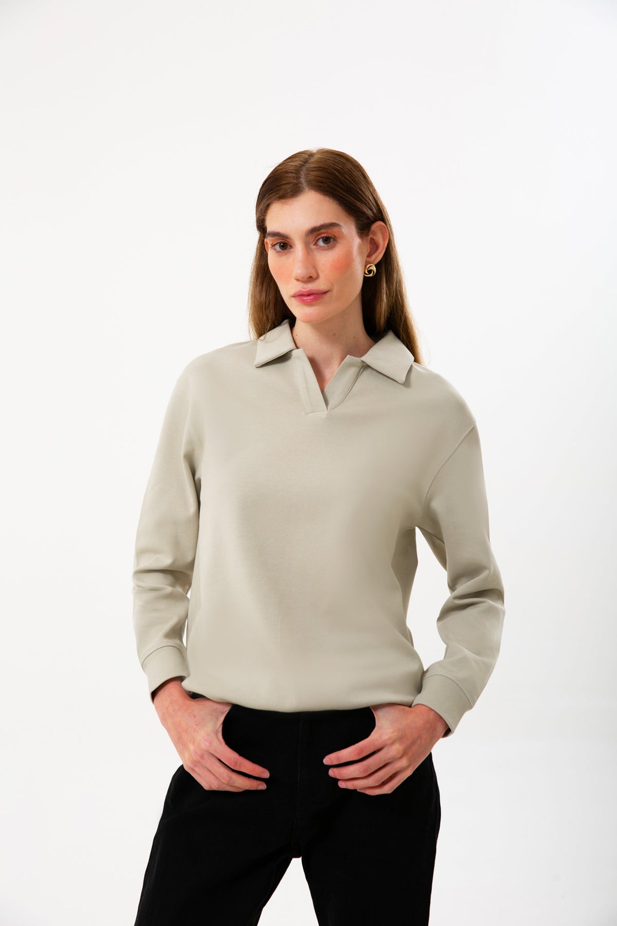Polo Yaka Logo Nakışlı Sweatshirt, Bej - 2