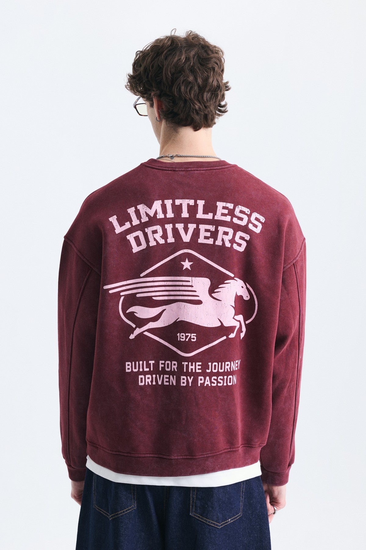 Overize Baskılı Bisiklet Yaka Sweatshirt