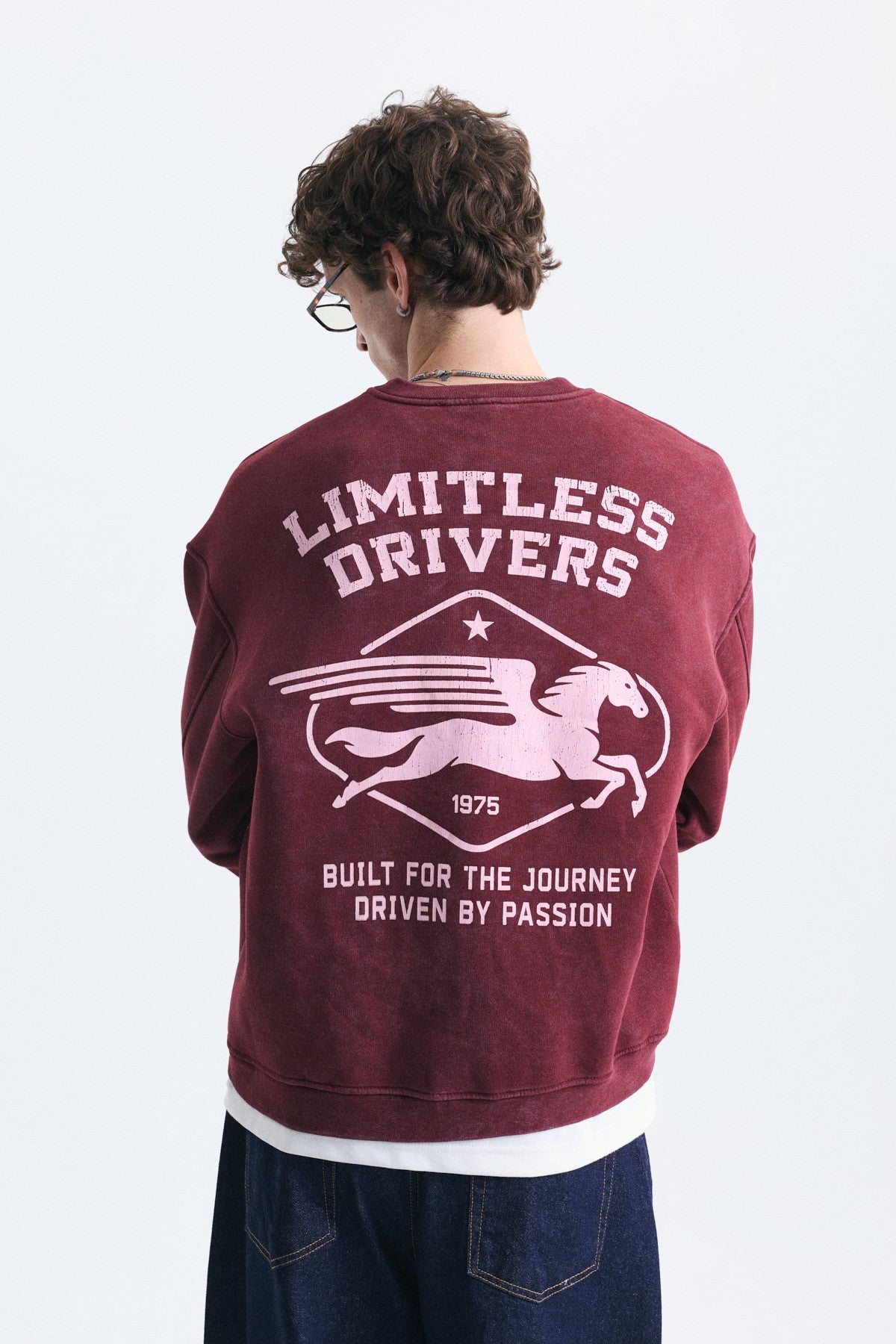 Overize Baskılı Bisiklet Yaka Sweatshirt