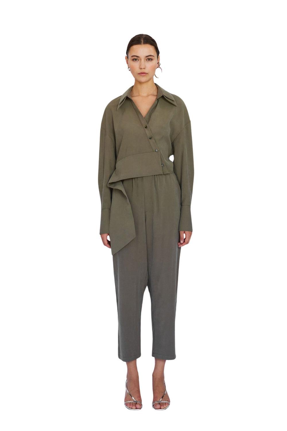 Mirimalist-Flow Haki Cupro Gömlek-Gömlek-1-milagron.live