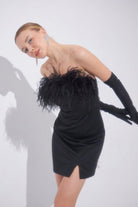 Liana Tüylü Siyah Mini Elbise - 2