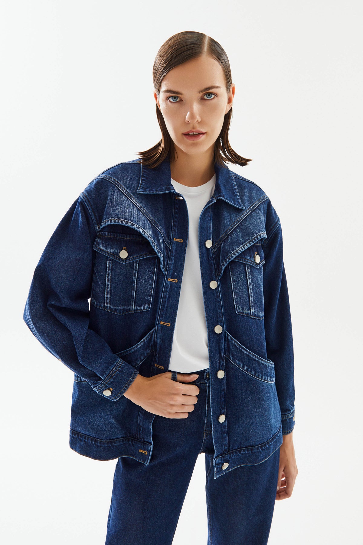 Kadın Geniş Cep Detaylı Denim Ceket - 0