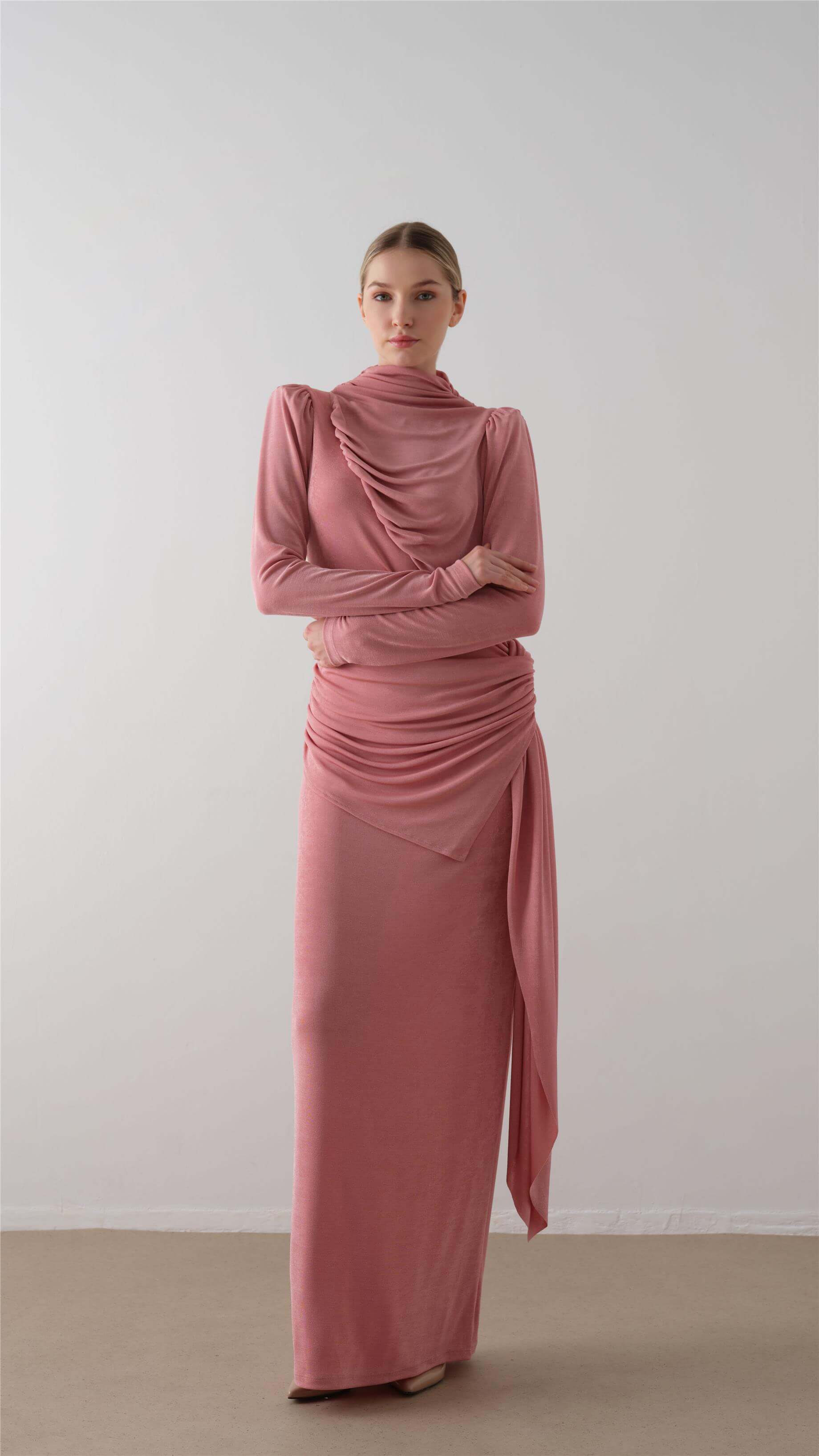 Dökümlü Örme Elbise – Pudra - 1