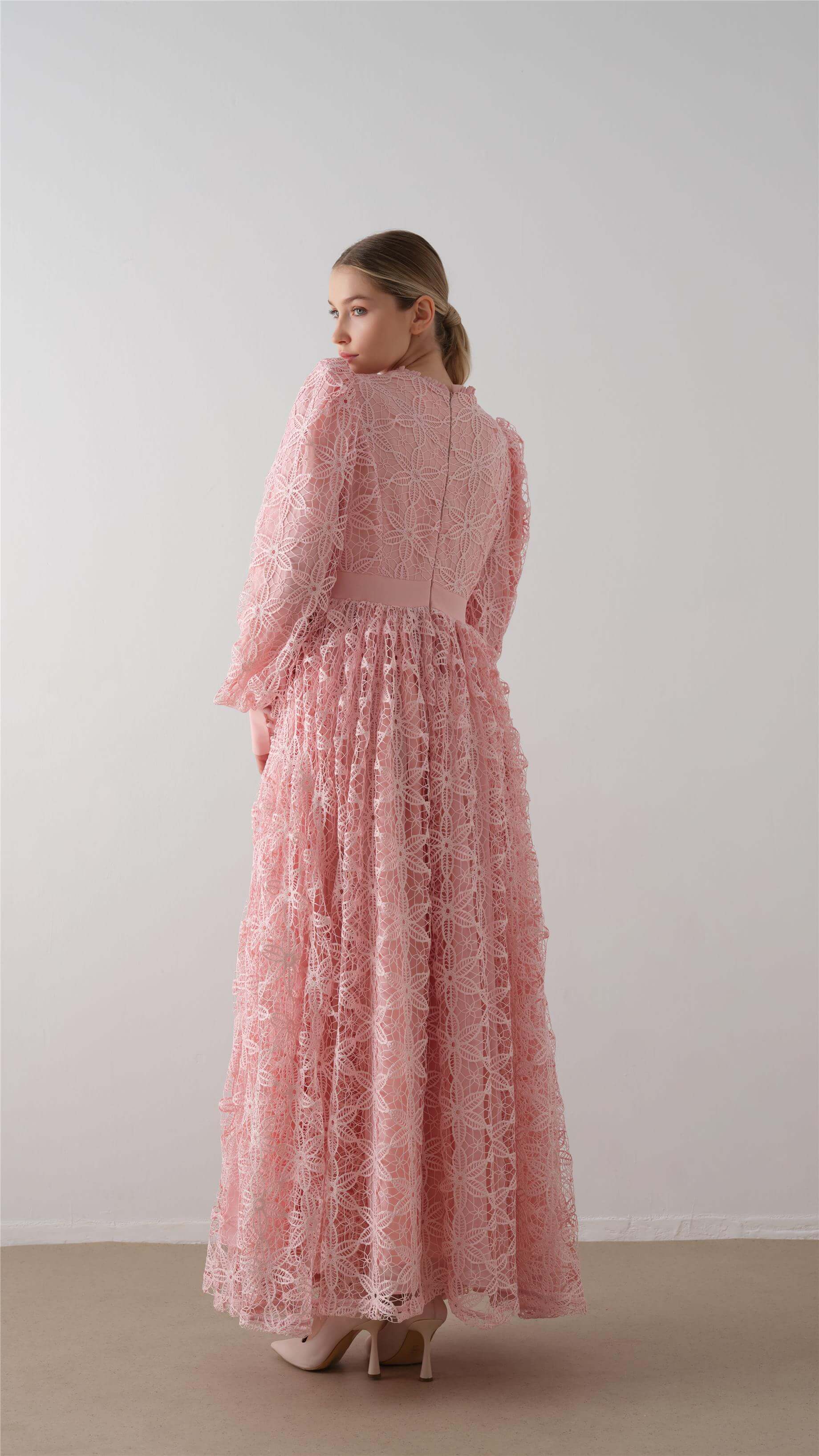 Dantelli Eteği Kabarık Elbise – Pembe - 2