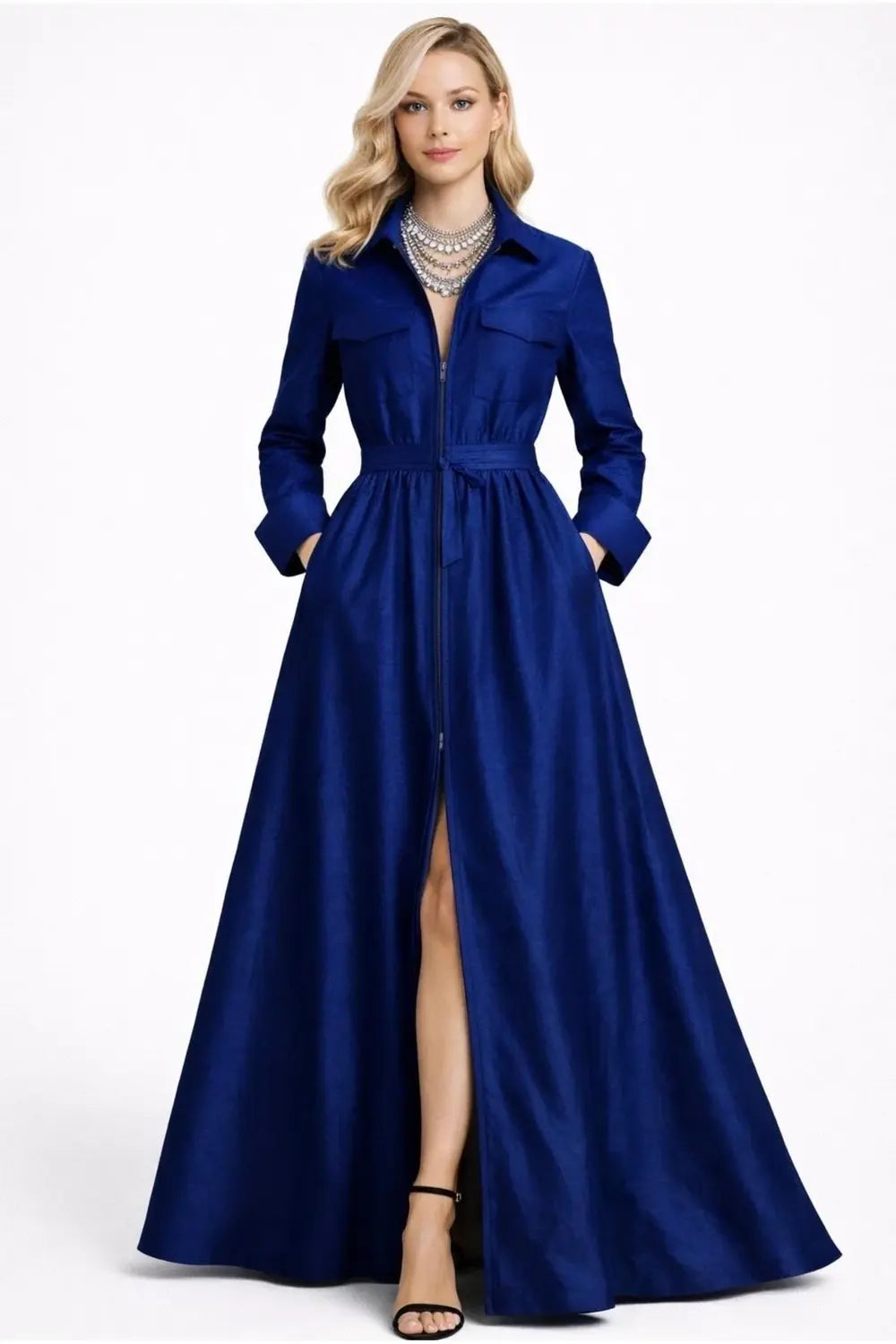 Utility Detaylı & Kuşaklı Lacivert Tafta Maxi Şık Gömlek Elbise - 0