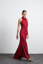Halley Halter Yaka Maxi Bordo Saten Elbise - 0