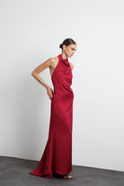 Halley Halter Yaka Maxi Bordo Saten Elbise - 9