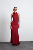 Halley Halter Yaka Maxi Bordo Saten Elbise - 1