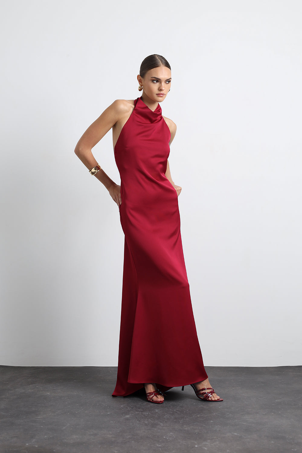 Halley Halter Yaka Maxi Bordo Saten Elbise - 2
