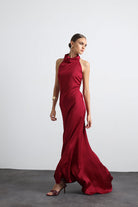 Halley Halter Yaka Maxi Bordo Saten Elbise - 3